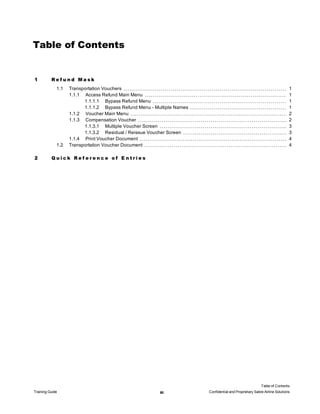 Table of Contents
1 R e f u n d M a s k
1.1 Transportation Vouchers 1
1.1.1 Access Refund Main Menu 1
1.1.1.1 Bypass Refund Menu 1
1.1.1.2 Bypass Refund Menu - Multiple Names 1
1.1.2 Voucher Main Menu 2
1.1.3 Compensation Voucher 2
1.1.3.1 Multiple Voucher Screen 3
1.1.3.2 Residual / Reissue Voucher Screen 3
1.1.4 Print Voucher Document 4
1.2 Transportation Voucher Document 4
2 Q u i c k R e f e r e n c e o f E n t r i e s
Table of Contents
Training Guide iii Confidential and Proprietary Sabre Airline Solutions
 