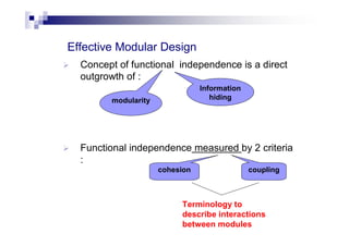 Effective Modular Design
 Concept of functional independence is a direct
outgrowth of :
 Functional independence measured by 2 criteria
:
modularity
Information
hiding
cohesion coupling
Terminology to
describe interactions
between modules
 