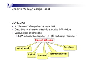 Effective Modular Design…cont
COHESION
 a cohesive module perform a single task.
 Describes the nature of interactions within a SW module
 Various types of cohesion :
 LOW cohesion(undesirable)  HIGH cohesion (desirable)
Types of cohesion
coincidental
logical
functional
communicational
temporal
 