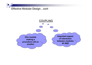 Effective Modular Design…cont
COUPLING
One module
making a
procedure call on
another
Important aspect
of interaction
between modules
 SIZE
 
