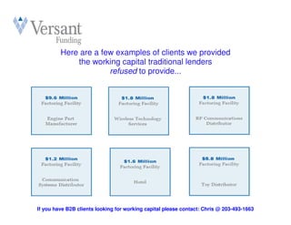 Here are a few examples of clients we provided
             the working capital traditional lenders
                      refused to provide...




If you have B2B clients looking for working capital please contact: Chris @ 203-493-1663
 