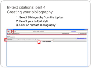 This is the next screen you should see—a list of your referencesIn-text citations: part 3Start typing your text of your paper.When you’re ready to add an in-text citation, click on the “cite” link of the reference you want to insert.