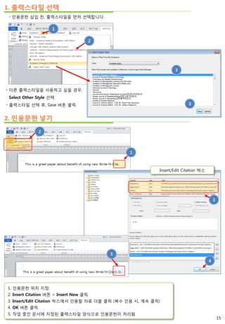 1. 인용문헌 위치 지정
2. Insert Citation 버튼 > Insert New 클릭
3. Insert/Edit Citation 박스에서 인용할 자료 더블 클릭 (복수 인용 시, 계속 클릭)
4. OK 버튼 클릭
5. 작업 중인 문서에 지정된 출력스타일 양식으로 인용문헌이 처리됨
2
 다른 출력스타일을 사용하고 싶을 경우,
Select Other Style 선택
 출력스타일 선택 후, Save 버튼 클릭
2. 인용문헌 넣기
3
3
1. 출력스타일 선택
 인용문헌 삽입 전, 출력스타일을 먼저 선택합니다.
1
2
3
4
1
5
Insert/Edit Citation 박스
15
 
