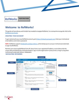Thisguide will provideyouwithhelpful tipsneededtonavigate RefWorks.Foracomprehensiveguide refertothe
RefWorksUserGuide.
To get startedwithyournewRefWorksaccount,go to https://refworks.proquest.com Enteryourinstitutional
email addressandcreate a password.
NOTE: RefWorkssupports ShibbolethandOpenAthens,whichallowsyoutouse yourinstitutionalcredentials
to signintoRefWorks.
Remote usersaccessingRefWorksfromoff-siteorfroma non-registeredIPaddress,musteitherenterthe
unique URL providedbythe institutionaladmin,loginviathe organization’sproxyserver,orloginusingother
institutional credentials(Athens,Shibboleth).
 