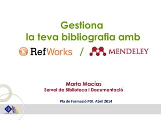 Gestiona
la teva bibliografia amb
/
Marta Macías
Servei de Biblioteca i Documentació
Pla de Formació PDI. Abril 2014
 