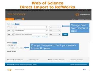 Web of Science
Direct Import to RefWorks
Change drop
down menu to
topic
Change timespan to limit your search
to specific years
 