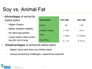 Copyright 2009
Renewable Energy Group®
17
Soy vs. Animal Fat
• Advantages of animal fat
methyl esters
• Higher Cetane
• Better oxidation stability
• No sterol glucosides
• Lower iodine value (under
the EN 14214 limit)
Specification 100% SME 100% AME
Cetane 48 > 53
Oxidation stability 3 - 6 hr > 6 hr
Sulfur
< 1 ppm 5 -12 ppm
Cloud Point
0 - 1 °C 6 -15 °C
• Disadvantages of animal fat methyl esters
• Higher cloud point than soy methyl esters
• Unique processing challenges—experience required!
 