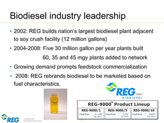 Copyright 2009
Renewable Energy Group®
Biodiesel industry leadership
• 2002: REG builds nation’s largest biodiesel plant adjacent
to soy crush facility (12 million gallons)
• 2004-2008: Five 30 million gallon per year plants built
60, 35 and 45 mgy plants added to network
• Growing demand prompts feedstock commercialization
• 2008: REG rebrands biodiesel to be marketed based on
fuel characteristics.
6
 