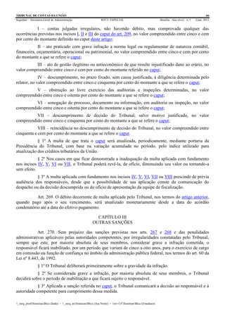 TRIBUNAL DE CONTAS DA UNIÃO 66
Segedam – Secretaria-Geral de Administração BTCU ESPECIAL Brasília Ano xlviii n. 1 2/jan. 2015
_sarq_prodSistemasBtcu (Sede) - _sarq_anSistemasBtcu (Asa Norte) - srv-UFSistemasBtcu (Estaduais)
I – contas julgadas irregulares, não havendo débito, mas comprovada qualquer das
ocorrências previstas nos incisos I, II e III do caput do art. 209, no valor compreendido entre cinco e cem
por cento do montante definido no caput deste artigo;
II – ato praticado com grave infração a norma legal ou regulamentar de natureza contábil,
financeira, orçamentária, operacional ou patrimonial, no valor compreendido entre cinco e cem por cento
do montante a que se refere o caput;
III – ato de gestão ilegítimo ou antieconômico de que resulte injustificado dano ao erário, no
valor compreendido entre cinco e cem por cento do montante referido no caput;
IV – descumprimento, no prazo fixado, sem causa justificada, à diligência determinada pelo
relator, no valor compreendido entre cinco e cinquenta por cento do montante a que se refere o caput;
V – obstrução ao livre exercício das auditorias e inspeções determinadas, no valor
compreendido entre cinco e oitenta por cento do montante a que se refere o caput;
VI – sonegação de processo, documento ou informação, em auditoria ou inspeção, no valor
compreendido entre cinco e oitenta por cento do montante a que se refere o caput;
VII – descumprimento de decisão do Tribunal, salvo motivo justificado, no valor
compreendido entre cinco e cinquenta por cento do montante a que se refere o caput;
VIII – reincidência no descumprimento de decisão do Tribunal, no valor compreendido entre
cinquenta e cem por cento do montante a que se refere o caput.
§ 1º A multa de que trata o caput será atualizada, periodicamente, mediante portaria da
Presidência do Tribunal, com base na variação acumulada no período, pelo índice utilizado para
atualização dos créditos tributários da União.
§ 2º Nos casos em que ficar demonstrada a inadequação da multa aplicada com fundamento
nos incisos IV, V, VI ou VII, o Tribunal poderá revê-la, de ofício, diminuindo seu valor ou tornando-a
sem efeito.
§ 3º A multa aplicada com fundamento nos incisos IV, V, VI, VII ou VIII prescinde de prévia
audiência dos responsáveis, desde que a possibilidade de sua aplicação conste da comunicação do
despacho ou da decisão descumprida ou do ofício de apresentação da equipe de fiscalização.
Art. 269. O débito decorrente de multa aplicada pelo Tribunal, nos termos do artigo anterior,
quando pago após o seu vencimento, será atualizado monetariamente desde a data do acórdão
condenatório até a data do efetivo pagamento.
CAPÍTULO III
OUTRAS SANÇÕES
Art. 270. Sem prejuízo das sanções previstas nos arts. 267 e 268 e das penalidades
administrativas aplicáveis pelas autoridades competentes, por irregularidades constatadas pelo Tribunal,
sempre que este, por maioria absoluta de seus membros, considerar grave a infração cometida, o
responsável ficará inabilitado, por um período que variará de cinco a oito anos, para o exercício de cargo
em comissão ou função de confiança no âmbito da administração pública federal, nos termos do art. 60 da
Lei nº 8.443, de 1992.
§ 1º O Tribunal deliberará primeiramente sobre a gravidade da infração.
§ 2º Se considerada grave a infração, por maioria absoluta de seus membros, o Tribunal
decidirá sobre o período de inabilitação a que ficará sujeito o responsável.
§ 3º Aplicada a sanção referida no caput, o Tribunal comunicará a decisão ao responsável e à
autoridade competente para cumprimento dessa medida.
 