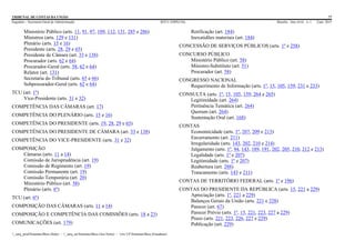 TRIBUNAL DE CONTAS DA UNIÃO 77
Segedam – Secretaria-Geral de Administração BTCU ESPECIAL Brasília Ano xlviii n. 1 2/jan. 2015
_sarq_prodSistemasBtcu (Sede) - _sarq_anSistemasBtcu (Asa Norte) - srv-UFSistemasBtcu (Estaduais)
Ministério Público (arts. 11, 91, 97, 109, 112, 131, 285 e 286)
Ministros (arts. 129 e 131)
Plenário (arts. 15 e 16)
Presidente (arts. 28, 29 e 65)
Presidente de Câmara (art. 33 e 138)
Procurador (arts. 62 e 64)
Procurador-Geral (arts. 58, 62 e 64)
Relator (art. 131)
Secretaria do Tribunal (arts. 65 e 66)
Subprocurador-Geral (arts. 62 e 64)
TCU (art. 1º)
Vice-Presidente (arts. 31 e 32)
COMPETÊNCIA DAS CÂMARAS (art. 17)
COMPETÊNCIA DO PLENÁRIO (arts. 15 e 16)
COMPETÊNCIA DO PRESIDENTE (arts. 19, 28, 29 e 65)
COMPETÊNCIA DO PRESIDENTE DE CÂMARA (art. 33 e 138)
COMPETÊNCIA DO VICE-PRESIDENTE (arts. 31 e 32)
COMPOSIÇÃO
Câmaras (arts. 11 a 14)
Comissão de Jurisprudência (art. 19)
Comissão de Regimento (art. 19)
Comissão Permanente (art. 19)
Comissão Temporária (art. 20)
Ministério Público (art. 58)
Plenário (arts. 6º)
TCU (art. 6º)
COMPOSIÇÃO DAS CÂMARAS (arts. 11 a 14)
COMPOSIÇÃO E COMPETÊNCIA DAS COMISSÕES (arts. 18 a 23)
COMUNICAÇÕES (art. 179)
Retificação (art. 184)
Inexatidões materiais (art. 184)
CONCESSÃO DE SERVIÇOS PÚBLICOS (arts. 1º e 258)
CONCURSO PÚBLICO
Ministério Público (art. 58)
Ministro-Substituto (art. 51)
Procurador (art. 58)
CONGRESSO NACIONAL
Requerimento de Informação (arts. 1º, 15, 105, 159, 231 e 233)
CONSULTA (arts. 1º, 15, 105, 159, 264 e 265)
Legitimidade (art. 264)
Pertinência Temática (art. 264)
Quorum (art. 264)
Sustentação Oral (art. 168)
CONTAS
Economicidade (arts. 1º, 207, 209 e 213)
Encerramento (art. 211)
Irregularidade (arts. 143, 202, 210 e 214)
Julgamento (arts. 1º, 94, 143, 189, 191, 202, 205, 210, 212 e 213)
Legalidade (arts. 1º e 207)
Legitimidade (arts. 1º e 207)
Reabertura (art. 288)
Trancamento (arts. 143 e 211)
CONTAS DE TERRITÓRIO FEDERAL (arts. 1º e 196)
CONTAS DO PRESIDENTE DA REPÚBLICA (arts. 15, 221 a 229)
Apreciação (arts. 1º, 221 a 229)
Balanços Gerais da União (arts. 221 e 228)
Parecer (art. 67)
Parecer Prévio (arts. 1º, 15, 221, 223, 227 a 229)
Prazo (arts. 221, 223, 226, 227 e 229)
Publicação (art. 229)
 