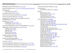 TRIBUNAL DE CONTAS DA UNIÃO 80
Segedam – Secretaria-Geral de Administração BTCU ESPECIAL Brasília Ano xlviii n. 1 2/jan. 2015
_sarq_prodSistemasBtcu (Sede) - _sarq_anSistemasBtcu (Asa Norte) - srv-UFSistemasBtcu (Estaduais)
DISTRIBUIÇÃO DE PROCESSOS (arts. 147 a 155)
DISTRITO FEDERAL (arts. 1º, 5º, 6º, 15, 92, 149, 220, 249, 253, 254, 291)
DOCUMENTO
Meio eletrônico (art. 298-A)
ECONOMIA PROCESSUAL (art. 213)
EXECUÇÃO DAS FISCALIZAÇÕES (arts. 245 a 248)
EXECUÇÃO DE DECISÕES (arts. 214 a 220)
ELABORAÇÃO, APROVAÇÃO E ALTERAÇÃO DE ATOS
NORMATIVOS (arts. 72 a 84)
ELEIÇÃO (arts. 24 a 27)
Presidente (arts. 1º, 24, 25 e 96)
Vice-Presidente (arts. 1º, 24, 25 e 96)
ELEIÇÃO DO PRESIDENTE E DO VICE-PRESIDENTE (arts. 24 a 27)
EMBARGOS DE DECLARAÇÃO (arts. 15, 277 e 287)
Decisão (arts. 277 e 287)
Julgamento (arts. 15 e 17)
Prazo (arts. 287)
Recurso (arts. 278 e 279)
Sustentação Oral (art. 168)
EMPRESA SUPRANACIONAL
Fiscalização (arts. 1º e 249)
ESTRUTURA ORGANIZACIONAL
Secretaria do Tribunal (arts. 1º, 65 e 66)
TCU (arts. 1º, 10, 65)
ESTUDO SOBRE PROCEDIMENTOS TÉCNICOS (arts. 16, 17 e 143)
ETAPAS DO PROCESSO, INSTRUÇÃO E TRAMITAÇÃO (arts. 156 a 159)
EXECUÇÃO DAS FISCALIZAÇÕES (arts. 245 a 248)
FALHA DE CARÁTER FORMAL (art. 250)
FALECIMENTO
Homenagem aos Ministros (Art. 298-B)
FÉRIAS
Ministro (arts. 1º e 42)
Ministro-Substituto (arts. 1º e 57)
Procurador (arts. 1º e 63)
Procurador-Geral (arts. 1º e 63)
Subprocurador-Geral (arts. 1º e 63)
FISCALIZAÇÃO (arts. 230 a 258)
Acordo (arts. 1º, 5º, 242, 249 e 254)
Advocacia-Geral da União (art. 15)
Ajuste (arts. 1º, 5º, 242, 249 e 254)
Aplicação de Multa (arts. 143, 179, 215, 216, 250, 267 a 269)
Ato Administrativo (arts. 249 a 252)
Auxílio (art. 255)
Conselho Nacional de Justiça (art. 15)
Conselho Nacional do Ministério Público (art. 15)
Contrato (arts. 249 a 252)
Contribuição (art. 255)
Convênio (arts. 1º, 5º, 242, 249 e 254)
Empresa Supranacional (arts. 1º e 249)
Fundo de Participação (arts. 1º e 253)
Fundos (arts. 191, 238, 239, 253, 256 e 257)
Fundos Constitucionais (art. 253)
Licitação (arts. 242 e 249)
Ministério Público da União (art. 15)
Poder Legislativo (art. 15)
Presidência da República (art. 15)
Receita a cargo da União (art. 1º)
Relatório (art. 15, 17 e 69)
Renúncia de Receita (arts. 1º, 191 e 257)
 