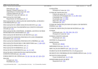TRIBUNAL DE CONTAS DA UNIÃO 81
Segedam – Secretaria-Geral de Administração BTCU ESPECIAL Brasília Ano xlviii n. 1 2/jan. 2015
_sarq_prodSistemasBtcu (Sede) - _sarq_anSistemasBtcu (Asa Norte) - srv-UFSistemasBtcu (Estaduais)
Subvenção (art. 255)
Supremo Tribunal Federal (art. 15)
Transferências Constitucionais (art. 253)
Tribunais Superiores (art. 15)
Tribunal de Contas da União (art. 15)
FISCALIZAÇÃO CONTÁBIL
Requerimento de Informação (art. 1º)
FISCALIZAÇÃO DA APLICAÇÃO DE SUBVENÇÕES, AUXÍLIOS E
CONTRIBUIÇÕES (art. 255)
FISCALIZAÇÃO DA ARRECADAÇÃO DA RECEITA (art. 256)
FISCALIZAÇÃO DAS TRANSFERÊNCIAS CONSTITUCIONAIS E
LEGAIS (art. 253)
FISCALIZAÇÃO DE CONVÊNIOS, ACORDOS, AJUSTES E OUTROS
INSTRUMENTOS CONGÊNERES (art. 254)
FISCALIZAÇÃO DE RENÚNCIA DE RECEITA (art. 257)
FISCALIZAÇÃO EXERCIDA POR INICIATIVA DO CONGRESSO
NACIONAL (arts. 231 a 233)
FISCALIZAÇÃO EXERCIDA POR INICIATIVA PRÓPRIA (art. 230)
FISCALIZAÇÃO FINANCEIRA E ORÇAMENTÁRIA (arts. 1º, 249 a 252)
FISCALIZAÇÃO OPERACIONAL (art. 1º)
FISCALIZAÇÃO PATRIMONIAL (art. 1º)
FIXAÇÃO DE ENTENDIMENTO (arts. 16, 17 e 143)
FIXAÇÃO DOS COEFICIENTES DE PARTICIPAÇÕES
CONSTITUCIONAIS (arts. 291 a 292)
FORNECIMENTO DE CÓPIAS (arts. 28, 163, 164, 166, 167, 168 e 232)
FRAUDE
Licitação (art. 271)
Penalidade (art. 271)
FUNDAÇÕES
Prestação de Contas (art. 191)
FUNDO DE PARTICIPAÇÃO
Cálculo das quotas (art. 1º, 15 e 253)
Coeficiente de Participação (arts. 1º, 15, 290 e 291)
Contestação (arts. 1º e 291)
Fiscalização (arts. 1º e 253)
Prazo (arts. 290 e 291)
Publicação (art. 291)
FUNDO DE PARTICIPAÇÃO DOS ESTADOS E DO DISTRITO
FEDERAL (art. 290)
FUNDO DE PARTICIPAÇÃO DOS MUNICÍPIOS (art. 290)
FUNDOS
Fiscalização (arts. 191, 238, 2563, 256, 257)
Prestação de Contas (art. 191)
FUNDOS CONSTITUCIONAIS
Fiscalização (art. 253)
GESTOR (Ver Responsável)
HOMENAGEM
Ministro (art. 298-B)
IMPEDIMENTOS (arts. 39 e 151)
IMPUTAÇÃO DE DÉBITO (arts. 209, 215 e 216)
INABILITAÇÃO DE RESPONSÁVEL (Ver Responsável)
INCIDENTE DE UNIFORMIAÇÃO DE JURISPRUDÊNCIA (arts. 15 e 91)
INCOSTITUCIONALIDADE
Exame incidental (arts. 16, 17 e 28)
INDISPONIBILIDADE DE BENS
Responsável (art. 274)
 