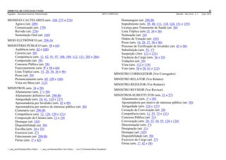TRIBUNAL DE CONTAS DA UNIÃO 83
Segedam – Secretaria-Geral de Administração BTCU ESPECIAL Brasília Ano xlviii n. 1 2/jan. 2015
_sarq_prodSistemasBtcu (Sede) - _sarq_anSistemasBtcu (Asa Norte) - srv-UFSistemasBtcu (Estaduais)
MEDIDAS CAUTELARES (arts. 104, 273 a 276)
Agravo (art. 289)
Comunicação (art. 179)
Revisão (art. 276)
Sustentação Oral (art. 168)
MEIO ELETRÔNICO (art. 298-A)
MINISTÉRIO PÚBLICO (arts. 58 a 64)
Audiência (arts. 62 e 108)
Carreira (art. 58)
Competência (arts. 11, 62, 91, 97, 108, 109, 112, 131, 285 e 286)
Composição (art. 58)
Concurso Público (art. 58)
Funcionamento (arts. 9º e 58 a 64)
Lista Tríplice (arts. 15, 28, 34, 36 e 96)
Posse (art. 59)
Pronunciamento (arts. 69, 109 e 168)
Vista em Mesa (art. 112)
MINISTROS (arts. 34 a 50)
Afastamento (arts. 1º e 50)
Afastamento definitivo (art. 298-B)
Antiguidade (arts. 24, 41, 118 e 137)
Aposentadoria por Invalidez (arts. 43 a 49)
Aposentadoria por motivo de interesse público (art. 50)
Centenário (art. 298-B)
Competência (arts. 12, 128, 129 e 131)
Composição de Câmara (arts. 11 e 14)
Destaque (art. 143)
Disponibilidade (art. 50)
Escolha (arts. 34 e 35)
Exercício (art. 37)
Falecimento (art. 298-B)
Férias (arts. 1º e 42)
Homenagem (art. 298-B)
Impedimento (arts. 39, 40, 111, 118, 124, 151 e 155)
Licença para Tratamento de Saúde (art. 50)
Lista Tríplice (arts 15, 34 e 36)
Nomeação (art. 34)
Ordem de Votação (art. 105)
Posse (arts. 14, 28, 37, 38 e 96)
Processo de Verificação de Invalidez (art. 43 a 50)
Substituição (arts. 55, 1º)
Suspeição (Arst. 111 e 151)
Vacância do Cargo (arts. 36 e 55)
Vedações (art. 39)
Vista (arts. 112 e 119)
Voto (arts. 54 a 58, 61 e 112)
MINISTRO CORREGEDOR (Ver Corregedor)
MINISTRO RELATOR (Ver Relator)
MINISTRO-REDATOR (Ver Redator)
MINISTRO REVISOR (Ver Revisor)
MINISTROS-SUBSTITUTOS (arts. 51 a 57)
Afastamento (arts. 1º e 50)
Aposentadoria por motivo de interesse público (art. 50)
Antiguidade (arts. 124 e 137)
Cessação de Convocação (art. 54)
Competência (arts. 11, 55, 73 e 131)
Concurso Público (art. 51)
Convocação (arts. 28, 33, 54, 55, 124 e 134)
Denominação (arts. 1º)
Designação (art. 11)
Destaque (art. 143)
Disponibilidade (art. 50)
Exercício do Cargo (art. 37)
Férias (arts. 1º, 42 e 54)
 