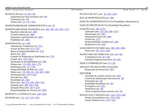 TRIBUNAL DE CONTAS DA UNIÃO 90
Segedam – Secretaria-Geral de Administração BTCU ESPECIAL Brasília Ano xlviii n. 1 2/jan. 2015
_sarq_prodSistemasBtcu (Sede) - _sarq_anSistemasBtcu (Asa Norte) - srv-UFSistemasBtcu (Estaduais)
RESOLUÇÃO (arts. 67, 69 e 70)
Julgamento por meio eletrônico (art. 94)
Numeração (art. 70)
Projeto (arts. 73 a 75 e 141)
RESPONSABILIDADE ADMINISTRATIVA (art. 2º)
RESPONSABILIDADE SOLIDÁRIA (arts. 202, 209, 254, 262 e 273)
Benefício indevido (art. 209)
Controle Interno (art. 266)
Pagamento superfaturado (art. 209)
Penalidade (art. 266)
RESPONSÁVEL (art. 144)
Afastamento Temporário (art. 273)
Arresto de Bens (arts. 62 e 275)
Baixa na Responsabilidade (art. 211)
Boa fé (art. 202)
Cadastro de Responsáveis Inabilitados (art. 272)
Citação (arts. 179 e 202)
Declaração de Inelegibilidade (art. 220)
Defesa (arts. 179, 202, 234 e 277)
Inabilitação (arts. 15 e 270)
Indisponibilidade de Bens (art. 273)
Multa (arts. 179, 250, 251, 254, 267 e 268)
Notificação (arts. 179 e 216)
Omissão (art. 209)
Penalidade (art. 266)
Prazo (arts. 202, 214, 246, 250 e 251)
Quitação (arts. 208, 214 e 218)
Quitação Plena (arts. 207 e 214)
Responsabilidade de Terceiro (art. 209)
RESPOSTA A CONSULTA (arts. 264 e 265)
REVISOR (arts. 112, 116, 119 e 154)
REVISTA DO TCU (arts. 28, 229 e 295)
ROL DE RESPONSÁVEIS (art. 190)
SANÇÃO ADMINISTRATIVA (Ver Penalidade Administrativa)
SANÇÃO DISCIPLINAR (Ver Penalidade Disciplinar)
SANÇÕES (arts. 266 a 272)
Aplicação (arts. 214, 245, 266 a 271)
Denunciante (art. 236)
Disposições Gerais (art. 266)
Fraude (art. 271)
Responsabilidade Solidária (art. 266)
Responsável (art. 218)
SANEAMENTO DE ERRO (arts. 208, 250 e 288)
Prazo (arts. 251, 261 e 262)
SECRETARIA DO TRIBUNAL (arts. 65 e 66)
Competência (arts. 65 e 66)
Estrutura Organizacional (arts. 65 e 66)
SEDE E COMPOSIÇÃO (arts. 6º a 10)
SERVIÇO TÉCNICO ESPECIALIZADO
Requisição de Pessoal (art. 297)
SERVIDOR
Atividade de controle externo (art. 245)
Carteira de identificação funcional (art. 28)
Nomeação (art. 28)
Penalidade Disciplinar (art. 28)
Prerrogativa (art. 245)
Sindicância (art. 28)
Título computável para concurso (art. 51)
SESSÃO DAS CÂMARAS (arts. 134 a 138 e 140)
Sessão Extraordinária (arts. 134 e 136)
Sessão Ordinária (arts. 134 e 135)
 