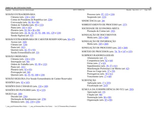 TRIBUNAL DE CONTAS DA UNIÃO 91
Segedam – Secretaria-Geral de Administração BTCU ESPECIAL Brasília Ano xlviii n. 1 2/jan. 2015
_sarq_prodSistemasBtcu (Sede) - _sarq_anSistemasBtcu (Asa Norte) - srv-UFSistemasBtcu (Estaduais)
SESSÃO EXTRAORDINÁRIA
Câmaras (arts. 134 e 136)
Contas do Presidente da República (art. 226)
Convocação (arts. 94, 96 e 98)
Ordem de Trabalho (arts. 99 e 132)
Pauta (arts. 141 e 142)
Plenário (arts. 93, 94 e 96 a 98)
Quorum (arts. 24, 36, 42, 55, 93, 100, 101, 129 e 134)
Sessão Sigilosa (art. 97)
SESSÃO EXTRAORDINÁRIA DE CARÁTER RESERVADO (arts. 94 e 97)
Acesso (art. 168)
Câmara (art. 134)
Pauta (art. 141)
Quorum (arts. 42, 55 e 93)
Sessão Extraordinária (art. 33)
SESSÃO ORDINÁRIA
Câmaras (arts. 134 e 135)
Interrupção (art. 94)
Ordem de Trabalho (arts. 95, 99 e 132)
Pauta (art. 141)
Plenário (arts. 93 a 95)
Prorrogação (art. 94)
Quorum (arts. 42, 55, 93, 100 e 134)
SESSÃO SIGILOSA (Ver Sessão Extraordinária de Caráter Reservado)
SESSÕES (arts. 92 a 143)
SESSÕES DAS CÂMARAS (arts. 134 a 140)
SESSÕES DO PLENÁRIO (arts. 92 a 133)
SIGILO (art. 180)
Decisão (art. 236)
Declaração de Rendimentos (art. 278)
Denúncia (arts. 182, 234 e 236)
Processo (arts. 97, 133 e 134)
Suspensão (art. 133)
SINDICÂNCIA (art. 28)
SOBRESTAMENTO DE PROCESSO (art. 157)
SOCIEDADE DE ECONOMIA MISTA
Prestação de Contas (art. 192)
SONEGAÇÃO DE DOCUMENTOS
Multa (arts. 245 e 268)
SONEGAÇÃO DE INFORMAÇÃO
Multa (arts. 245 e 268)
SONEGAÇÃO DE PROCESSO (arts. 245 e 268)
SORTEIO DE PROCESSOS (arts. 74, 76 e 147 a 155)
SUBPROCURADORES-GERAIS
Afastamento (art. 1º)
Competência (arts. 62 e 64)
Férias (arts. 1º e 63)
Impedimentos (arts. 39, 57 e 61)
Manifestação Preliminar e de Mérito (art. 62)
Posse no Cargo (arts. 37 e 59)
Prerrogativas (arts. 58 e 61)
Vencimento (arts. 1º e 60)
SUBVENÇÃO
Aplicação (arts. 1º e 255)
Fiscalização (art. 255)
SÚMULA DA JURISPRUDÊNCIA DO TCU (art. 295)
Aprovação (art. 15)
Citação (art. 90)
Numeração (arts. 86 e 88)
Organização (arts. 85 a 88)
 