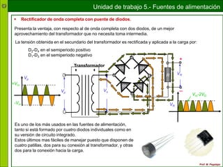 Unidad de trabajo 5.- Fuentes de alimentación
Prof: M. Pegalajar
+Vm
-Vm
Vp
Vm-2VD
VR
Presenta la ventaja, con respecto al de onda completa con dos diodos, de un mejor
aprovechamiento del transformador que no necesita toma intermedia.
 Rectificador de onda completa con puente de diodos.
Es uno de los más usados en las fuentes de alimentación,
tanto si está formado por cuatro diodos individuales como en
su versión de circuito integrado.
Estos últimos mas fáciles de manejar puesto que disponen de
cuatro patillas, dos para su conexión al transformador, y otras
dos para la conexión hacia la carga.
Vs
R
+
VR
D1
D2 D3
D4
Vp
Transformador
La tensión obtenida en el secundario del transformador es rectificada y aplicada a la carga por:
D2-D4 en el semiperiodo positivo
D1-D3 en el semiperiodo negativo
 