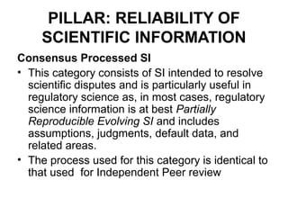 PILLAR: RELIABILITY OF
     SCIENTIFIC INFORMATION
Consensus Processed SI
• This category consists of SI intended to resolve
  scientific disputes and is particularly useful in
  regulatory science as, in most cases, regulatory
  science information is at best Partially
  Reproducible Evolving SI and includes
  assumptions, judgments, default data, and
  related areas.
• The process used for this category is identical to
  that used for Independent Peer review
 