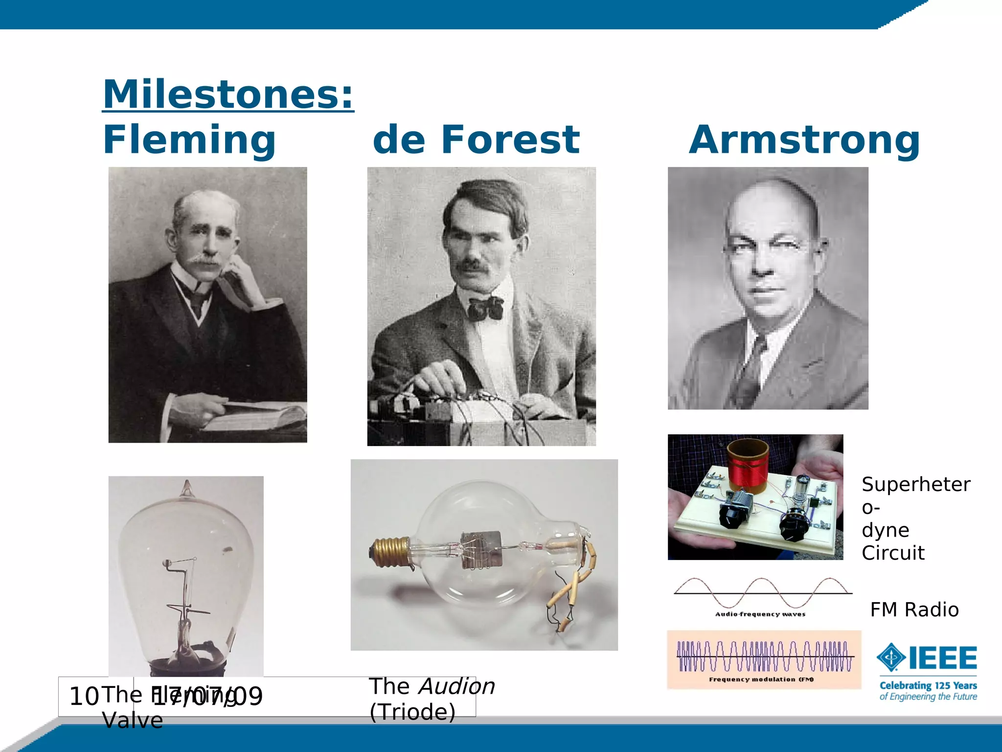 Milestones:
  Fleming     de Forest        Armstrong




                                     Superheter
                                     o-
                                     dyne
                                     Circuit

                                     FM Radio



10 The Fleming
       17/07/09   The Audion
                  (Triode)
10 Valve
 