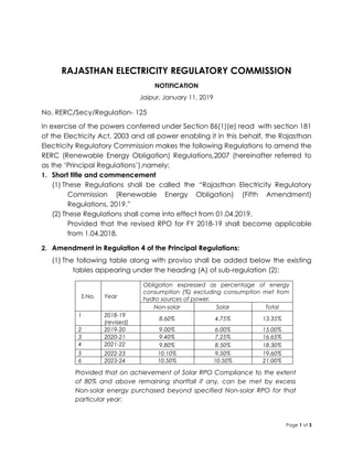 Page 1 of 3
RAJASTHAN ELECTRICITY REGULATORY COMMISSION
NOTIFICATION
Jaipur, January 11, 2019
No. RERC/Secy/Regulation- 125
In exercise of the powers conferred under Section 86(1)(e) read with section 181
of the Electricity Act, 2003 and all power enabling it in this behalf, the Rajasthan
Electricity Regulatory Commission makes the following Regulations to amend the
RERC (Renewable Energy Obligation) Regulations,2007 (hereinafter referred to
as the „Principal Regulations‟),namely:
1. Short title and commencement
(1) These Regulations shall be called the “Rajasthan Electricity Regulatory
Commission (Renewable Energy Obligation) (Fifth Amendment)
Regulations, 2019.”
(2) These Regulations shall come into effect from 01.04.2019.
Provided that the revised RPO for FY 2018-19 shall become applicable
from 1.04.2018.
2. Amendment in Regulation 4 of the Principal Regulations:
(1) The following table along with proviso shall be added below the existing
tables appearing under the heading (A) of sub-regulation (2):
S.No. Year
Obligation expressed as percentage of energy
consumption (%) excluding consumption met from
hydro sources of power.
Non-solar Solar Total
1 2018-19
(revised)
8.60% 4.75% 13.35%
2 2019-20 9.00% 6.00% 15.00%
3 2020-21 9.40% 7.25% 16.65%
4 2021-22 9.80% 8.50% 18.30%
5 2022-23 10.10% 9.50% 19.60%
6 2023-24 10.50% 10.50% 21.00%
Provided that on achievement of Solar RPO Compliance to the extent
of 80% and above remaining shortfall if any, can be met by excess
Non-solar energy purchased beyond specified Non-solar RPO for that
particular year:
 