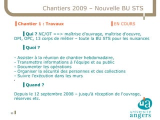 Chantiers 2009 – Nouvelle BU STS

     ▐ Chantier 1 : Travaux                            ▐ EN COURS

        ▐ Qui ? NC/OT ==> maîtrise d'ouvrage, maîtrise d'oeuvre,
     DPI, OPC, 13 corps de métier – toute la BU STS pour les nuisances

           ▐ Quoi ?

     -   Assister à la réunion de chantier hebdomadaire,
     -   Transmettre informations à l'équipe et au public
     -   Documenter les opérations
     -   Organiser la sécurité des personnes et des collections
     -   Suivre l'exécution dans les murs
     ✗


           ▐ Quand ?

     Depuis le 12 septembre 2008 – jusqu'à réception de l'ouvrage,
     réserves etc.


33
 