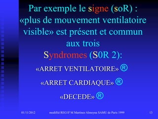 Par exemple le signe (soR) :
«plus de mouvement ventilatoire
 visible» est présent et commun
             aux trois
       Syndromes (S0R 2):
     «ARRET VENTILATOIRE» ®
      «ARRET CARDIAQUE» ®
           «DECEDE» ®

01/11/2012   modifiié REG1F M Martinez Almoyna SAMU de Paris 1999   13
 