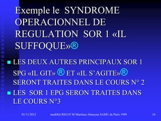 Exemple le SYNDROME
    OPERACIONNEL DE
    REGULATION SOR 1 «IL
    SUFFOQUE»®
   LES DEUX AUTRES PRINCIPAUX SOR 1
  SPG «IL GIT» ® ET «IL S’AGITE»®
  SERONT TRAITES DANS LE COURS N° 2
 LES SOR 1 EPG SERON TRAITES DANS
  LE COURS N°3
      01/11/2012   modifiié REG1F M Martinez Almoyna SAMU de Paris 1999   16
 