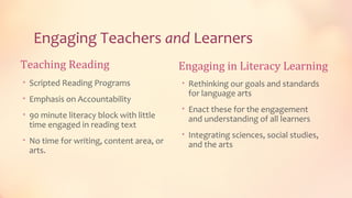 Engaging Teachers and Learners
Teaching Reading                          Engaging in Literacy Learning
• Scripted Reading Programs               • Rethinking our goals and standards
                                           for language arts
• Emphasis on Accountability
                                          • Enact these for the engagement
• 90 minute literacy block with little
                                           and understanding of all learners
 time engaged in reading text
                                          • Integrating sciences, social studies,
• No time for writing, content area, or
                                           and the arts
 arts.
 
