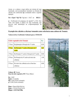 Assim, se a cultura a regar utiliza um sistema de rega
localizada, será recomendável introduzir na fórmula de
cálculo este coeficiente (p), resultando então a seguinte
equação:
Etc = Epan * Kp* Kc * p (mm = l/m2) ⇒

REGA

p - Coeficiente de poupança de água(0.7 a 0.9). Este
valor está ligado à prática da rega localizada, que
provoca uma diminuição na evapotranspiração da
cultura.

Exemplo dos cálculos a efectuar tomando como referência uma cultura de Tomate:
Valores de Kc (Coeficiente Cultural) para o TOMATE

Ciclo vegetativo do Tomate

Kc

1ª Fase Da plantação à floração do 1º cacho

0.50

2ª Fase Da floração 1º cacho à floração do 3º

0.65

cacho
3ª Fase Da floração 3º cacho à floração do 4º cacho

0.80

4ª Fase Da floração do 4º cacho até meio das

1.00

colheitas
5ª Fase Do meio das colheitas até ao final das

0.80

colheitas

Cultura
Tomate
Fase do ciclo vegetativo

2ª Fase (Maio)

Kc = 0,65
Epan = 5 mm/dia
Kp = 0.85 (Valor estimado)
p = 0.80 (Valor estimado)
Rega = Epan • Kp • Kc • p
Rega = 5 • 0.85 • 0.65 • 0.8

Rega = 2.21 l/m2/dia

3

 