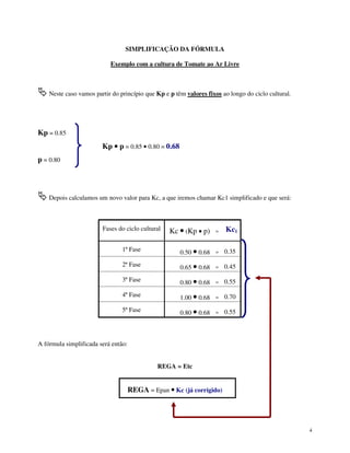 SIMPLIFICAÇÃO DA FÓRMULA
Exemplo com a cultura de Tomate ao Ar Livre

Neste caso vamos partir do princípio que Kp e p têm valores fixos ao longo do ciclo cultural.

Kp = 0.85
Kp • p = 0.85 • 0.80 = 0.68
p = 0.80

Depois calculamos um novo valor para Kc, a que iremos chamar Kc1 simplificado e que será:

Kc • (Kp • p)

=

Kc1

1ª Fase

0.50 • 0.68

=

0.35

2ª Fase

0.65 • 0.68

=

0.45

3ª Fase

0.80 • 0.68

=

0.55

4ª Fase

1.00 • 0.68

=

0.70

5ª Fase

0.80 • 0.68

=

0.55

Fases do ciclo cultural

A fórmula simplificada será então:
REGA = Etc

REGA = Epan • Kc (já corrigido)

4

 