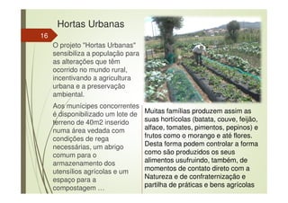 Hortas Urbanas
O projeto "Hortas Urbanas"
sensibiliza a população para
as alterações que têm
ocorrido no mundo rural,
incentivando a agricultura
urbana e a preservação
ambiental.
Aos munícipes concorrentes
é disponibilizado um lote de
terreno de 40m2 inserido
numa área vedada com
condições de rega
necessárias, um abrigo
comum para o
armazenamento dos
utensílios agrícolas e um
espaço para a
compostagem …
16
Muitas famílias produzem assim as
suas hortícolas (batata, couve, feijão,
alface, tomates, pimentos, pepinos) e
frutos como o morango e até flores.
Desta forma podem controlar a forma
como são produzidos os seus
alimentos usufruindo, também, de
momentos de contato direto com a
Natureza e de confraternização e
partilha de práticas e bens agrícolas
 