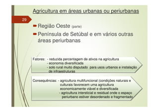 Agricultura em áreas urbanas ou periurbanas
Região Oeste (parte)
Península de Setúbal e em vários outras
áreas periurbanas
Fatores: - reduzida percentagem de ativos na agricultura
- economia diversificada
- solo rural muito disputado para usos urbanos e instalação
de infraestruturas
Consequências: - agricultura multifuncional (condições naturais e
culturais favorecem uma agricultura
economicamente viável e diversificada
- agricultura intersticial e residual onde o espaço
periurbano estiver desordenado e fragmentado
29
 