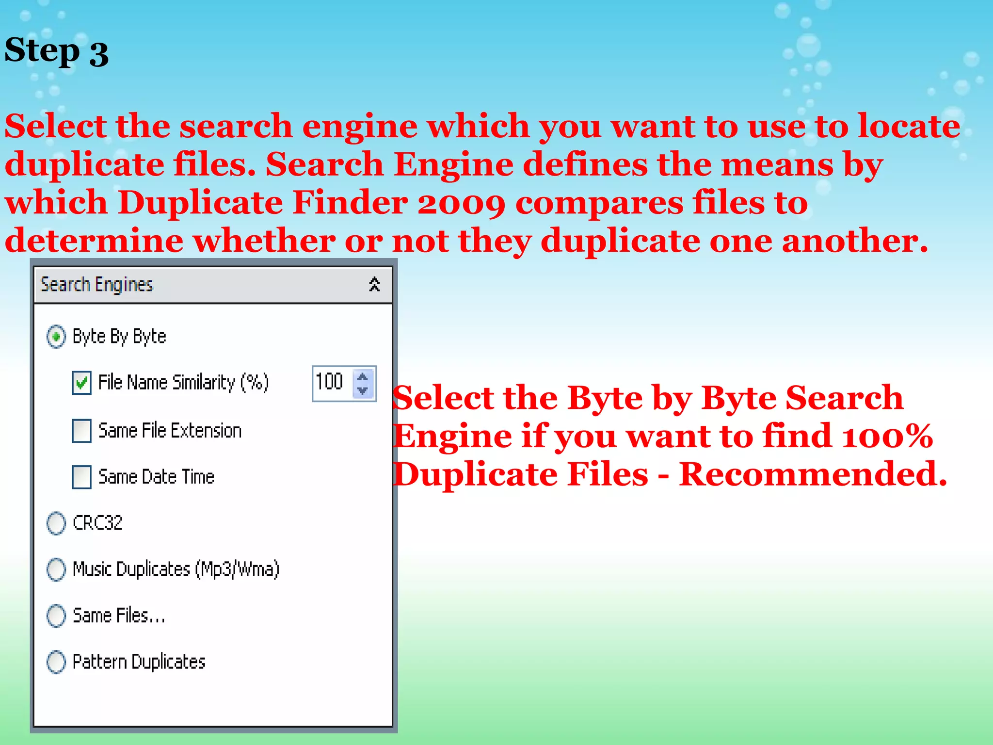 Step 3     Select the search engine which you want to use to locate duplicate files. Search Engine defines the means by which Duplicate Finder 2009 compares files to determine whether or not they duplicate one another. Select the Byte by Byte Search Engine if you want to find 100% Duplicate Files - Recommended. 