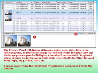 The Preview Panel will display all images, mp3s, wma, video files in the selected group. To preview an image file, select it within the detail view and the image preview panel will display a thumbnail versions of it. Supported image preview file formats are: BMP, EMF, GIF, ICO, JPEG, PNG, TIFF, and WMF, Mp3, Mp4, WMA, WMV etc.  You can easily resize the thumbnails by clicking on Zoom In and Zoom Out buttons.  