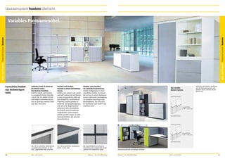 Stauraumsystem kontoro Übersicht

Büro und Kanzlei Stauraumsystem kontoro

Büro und Kanzlei Stauraumsystem kontoro

Variables Premiummöbel.

Formschöne Vielfalt.
Aus hochwertigem
Stahl.

Schlanker Stahl als Material.
Für feinste Linien.
Und höchste Stabilität.
Stahl hat gleich zwei Vorteile.
Es ermöglicht feinste Linienführungen, die das Möbel schlank
und elegant erscheinen lassen.
Und es garantiert höchste Stabilität über viele Jahre.

Variabel und flexibel.
Passend zu jedem Einrichtungsniveau.
Schlicht und einfach. Oder schick
und edel? kontoro tritt auf Wunsch
in jeder vorgegebenen Rolle auf.
Zum Beispiel als zurückhaltend
schlichtes Funktionsmöbel in
Behörden- und Verwaltungsbüros.
Oder als echte Augenweide in
gehobener Office-Atmosphäre.
Die Vielfalt seiner Gestaltungsmöglichkeiten macht kontoro
beliebt auf allen Etagen, in jeder
Stauraumfunktion und auf jeder
Hierarchieebene.

Modular und stapelbar.
Für optimale Raumnutzung.
Stabile Stahlgehäuse in unterschiedlichen Größen sind stapelbar und wie in einem Baukastensystem miteinander kombinierbar.
So entstehen bedarfsgerechte
Kombinationen, die man auch
im Nachhinein noch ändern und
erweitern kann.

Das variable
kontoro System:

Ästhetisch wie Unikate. Funktional
wie das Baukastensystem, das
dahinter steckt. kontoro wertet
Räume auf.

Aufsatzschränke

Gesamthöhe:
6 OH = 2306 mm

Grundelemente

Aufsatzschränke

Gesamthöhe:
5 OH = 1956 mm

Grundelemente
Bis 3 OH Gesamthöhe: Abdeckplatte
melaminharzbeschichtet, 25 mm
stark, abgerundete ABS-Umleimer.

40

Büro und Kanzlei

Ab 4 OH Gesamthöhe: Stahlabdeckplatte, 11 mm stark.

Die Stapelfähigleit verschiedener
Schrankelemente erlaubt viele Kombinationen bei einheitlicher Optik.

Mauser – Der Bestellkatalog

Hochauszugschrank auf Anfrage erhältlich.

Mauser – Der Bestellkatalog

Büro und Kanzlei

41

 