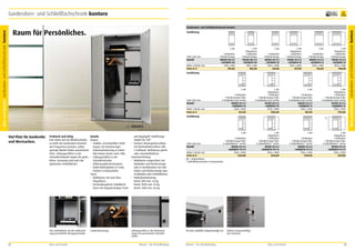 Garderoben- und Schließfachschrank kontoro

frei Verwendung

Ausführung

5 OH
Tiefe 600 mm
Modell
Höhe x Breite mm
Preis in €

1 Hutboden
1 Kleiderstange
KOG05-08-6-S
+GSTQH35-08
1956 x 800
595,00

5 OH
Flügeltüren
1 Hutboden
1 Kleiderstange
KFG05-08-6-S
+GSTQH35-08
1956 x 800
802,00

5 OH
1 Hutboden
1 Kleiderstange
KOG05-10-6-S
+GSTQH35-10
1956 x 1000
657,00

5 OH
Flügeltüren
1 Hutboden
1 Kleiderstange
KFG05-10-6-S
+GSTQH35-10
1956 x 1000
877,00

5 OH

5 OH
Flügeltüren
1 Hutboden
1 Kleiderstange
KFG05-12-6-S
+GSTQH35-12
1956 x 1200
960,00

1 Hutboden
1 Kleiderstange
KOG05-12-6-S
+GSTQH35-12
1956 x 1200
726,00

Ausführung

5 OH

Tiefe 600 mm
Modell
Höhe x Breite mm
Preis in €

1 Hutboden
1 Kleiderstange links
3 Fachböden kurz rechts
KOG05-10-6-S
+AGKQH35-10
1956 x 1000
812,00

5 OH
Flügeltüren
1 Hutboden
1 Kleiderstange links
3 Fachböden kurz rechts
KFG05-10-6-S
+AGKQH35-10
1956 x 1000
1032,00

5 OH
1 Hutboden
1 Kleiderstange links
3 Fachböden kurz rechts
KOG05-12-6-S
+AGKQH35-12
1956 x 1200
881,00

Ausführung

1

1

1527,00 €
5 OH

Viel Platz für Garderobe
und Wertsachen.

Praktisch und luftig.
Fast schon wie ein Kleiderschrank,
so wirkt die Garderoben-Variante
des Programms kontoro. Selbst
sperrige Mäntel finden ausreichend
Platz. Lüftungsschlitze in der
Schrankrückwand sorgen für gutes
Klima. Geräumig sind auch die
optionalen Schließfächer.

Details
Korpus
•	 Stabiler, verschweißter Stahlkorpus mit hochwertiger
Einbrennlackierung in vielen
RAL-Farben (siehe Seite 198).
•	 Lüftungsschlitze in der
Schrankrückseite.
•	 Höhenausgleichschrauben.
•	 Stahl-Abdeckplatte (11 mm)
lackiert in Korpusfarbe.
Türen
•	 Wahlweise mit und ohne
Flügeltüren.
•	 Verwindungsfeste Stahlblechtüren mit doppelschaliger Front

und Bügelgriff, Türöffnungswinkel bis 120°.
•	 Sicherer Dreiriegelverschluss
mit Drehzylinderschloss inkl.
2 Schlüssel. Wahlweise gleichoder einzelschließend.
Inneneinrichtung
•	 Wahlweise eingerichtet mit
Hutboden und Kleiderstange
oder in Kombination von Hutboden und Kleiderstange plus
Fachböden oder Schließfächer.
•	 Hutbodenbelastung
Breite 800 mm: 44 kg
Breite 1000 mm: 55 kg
Breite 1200 mm: 66 kg

Vier Schließfächer für die Aufbewahrung persönlicher Wertgegenstände.

52

Garderobenstange.

Lüftungsschlitze in der Rückwand
sorgen für permanente Frischluftzufuhr.

Büro und Kanzlei

5 OH
Flügeltüren
1 Hutboden
1 Kleiderstange links
3 Fachböden kurz rechts
KFG05-12-6-S
+AGKQH35-12
1956 x 1200
1115,00

Mauser – Der Bestellkatalog

Tiefe 600 mm
Modell

1 Hutboden
1 Kleiderstange links
4 Schließfächer* rechts
KOG05-10-6-S
+AGKQH35-10+T4
1956 x 1000
1224,00

Höhe x Breite mm
Preis in €
OH = Ordnerhöhen.
* Schließfächerfronten in Korpusfarbe.

Für hohe Stabilität: Doppelwandige Tür.

Mauser – Der Bestellkatalog

5 OH
Flügeltüren
1 Hutboden
1 Kleiderstange links
4 Schließfächer* rechts
KFG05-10-6-S
+AGKQH35-10+T4
1956 x 1000
1444,00

5 OH
1 Hutboden
1 Kleiderstange links
4 Schließfächer* rechts
KOG05-12-6-S
+AGKQH35-12+T4
1956 x 1200
1293,00

5 OH
Flügeltüren
1 Hutboden
1 Kleiderstange links
4 Schließfächer* rechts
KFG05-12-6-S
+AGKQH35-12+T4
1956 x 1200
1527,00

Äußerst strapazierfähig:
Das Scharnier.

Büro und Kanzlei

53

Büro und Kanzlei Garderoben- und Schließfachschrank kontoro

Garderoben- und Schließfachschrank kontoro

Raum für Persönliches.

Büro und Kanzlei Garderoben- und Schließfachschrank kontoro

10
Jahre
Garantie

 