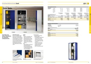 Einschwenktürenschrank beat

frei Verwendung

Einschwenktürenschrank beat
Ausführung
komplett

Pendelstangenbelastung 45 kg
Fachbodenbelastung 65 kg
Modell
Höhe x Breite x Tiefe mm
Lichtes Maß Höhe x Breite x Tiefe mm
Preis in €
Zusätzlicher Fachboden inkl. FBT*
Preis in €
* FBT = Fachbodenträger

1

2

Einschwenktüren
4 Fachböden

Einschwenktüren
3 Fachböden
1 Schließfach

BES1
1950 x 950 x 420
1800 x 800 x 350
748,00
77902663
22,00

BES1 T
1950 x 950 x 420
1800 x 800 x 350
907,00
77902663
22,00

Einschwenktüren
6 Pendelstangen
für Systeme
Leitz/Elba
BES1 PLE
1950 x 950 x 420
1800 x 800 x 350
907,00
–
–

Einschwenktüren
6 Pendelstangen
für Systeme
Zippel
BES1 PLZ
1950 x 950 x 420
1800 x 800 x 350
907,00
–
–

Einschwenktüren
3 Fachböden, kurz
1 Garderobe
inkl. Hutboden
BES1 K
1950 x 950 x 420
1800 x 800 x 350
970,00
77902664
22,00

Schiebetüren-Aufsatzschrank ladino
Ausführung
Schiebetüren
mit Bügelgriffen
Höhe 500 mm/lichte Höhe 378 mm
Modell
Breite x Tiefe mm
Lichtes Maß Breite x Tiefe mm
Preis in €
1

Freie Wege trotz
offener Schranktüren.
Sie schwenken
raumsparend ein.

748,00 €

2

907,00 €

Details
Korpus
•	 Stabiler, verschweißter Stahlkorpus mit hochwertiger
Einbrennlackierung in vielen
RAL-Farben (siehe Seite 198).
•	 Optional Höhenausgleichschrauben (18 €, nicht nachrüstbar – bitte bei Bestellung
angeben).
Türen
•	 Solide Stahltüren mit lautloser
Einschwenk-Mechanik.
•	 Sicherer Dreiriegelverschluss
mit Drehzylinderschloss inkl.
2 Schlüssel. Wahlweise gleichoder einzelschließend.

Inneneinrichtung
•	 Verschiedene Einrichtungsvarianten möglich:
– mit Fachböden graphitschwarz
RAL 9011 lackiert, höhenverstellbar im Raster von
35 mm, optional mit Schließfach mit Zylinderschloss inkl.
2 Schlüssel.
– oder mit 6 Pendelstangen
verzinkt, für die Systeme
Leitz/Elba oder Zippel,
belastbar bis 45 kg.
– oder als Garderobenschrank.

Die clevere Einschwenkmechanik
lässt die Tür geräuschlos im Schrank
„verschwinden“.

62

Einfach offen lassen!
Bei 20, 30, 50 Zugriffen täglich
lässt man den Schrank einfach
offen stehen. Das geht problemlos
mit Einschwenktüren. Sie bewegen
sich beim Öffnen nahezu lautlos
in das Schrankgehäuse hinein und
versperren so keine Verkehrswege
im Büro. Abends wird aus dem
Schnellregal dann wieder der
sichere Stahlschrank mit Zylinderschloss.

Alternative:
Pendelstangen statt Fachböden.

1 OH
BSA 01-4-95
950 x 420
874 x 373
454,00

Zubehör
Fachbodenteiler Höhe 140 mm
Preis in €
Fachbodenteiler Höhe 250 mm
Preis in €

39001194
15,00
39001195
18,00

Schiebetüren-Aufsatzschrank ladino
nimmt zusätzliche Ordner auf.

Büro und Kanzlei

Mauser – Der Bestellkatalog

Mauser – Der Bestellkatalog

Büro und Kanzlei

63

Büro und Kanzlei Einschwenktürenschrank beat

Freie Bahn.
Büro und Kanzlei Einschwenktürenschrank beat

10
Jahre
Garantie

 