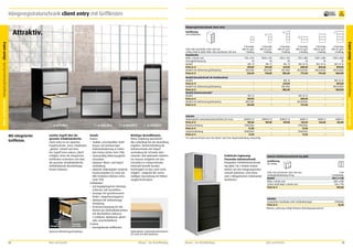 Hängeregistraturschrank client entry mit Griffleisten

frei Verwendung

Hängeregistraturschrank client entry
Ausführung
mit Griffleisten

4
2

2 Auszüge
DIN A4 quer
1-bahnig

3 Auszüge
DIN A4 quer
1-bahnig

4 Auszüge
DIN A4 quer
1-bahnig

2 Auszüge
DIN A4 quer
2-bahnig

3 Auszüge
DIN A4 quer
2-bahnig

4 Auszüge
DIN A4 quer
2-bahnig

750 x 434
42
BVL 12
439,00
BVL12SD
523,00

1050 x 434
50
BVL 13
594,00
BVL13SD
720,00

1350 x 434
50
BVL 14
637,00
BVL14SD
805,00

750 x 800
65
BVL 3E 16
688,00
BVL3E16SD
772,00

1050 x 800
70
BVL 2E 16
865,00
BVL2E16SD
991,00

1350 x 800
70
BVL 1E 16
899,00
BVL1E16SD
1067,00

–
–
–
–

–
–
–
–

BVL 14
637,00
BVL14SD
805,00

–
–
–
–

–
–
–
–

BVL 1E 16
899,00
BVL1E16SD
1067,00

BVL 12
439,00
BVL12SD
523,00

–
–
–
–

–
–
–
–

BVL 3E 16
688,00
BVL3E16SD
772,00

–
–
–
–

–
–
–
–

Zubehör
Abdeckplatte melaminharzbeschichtet (25 mm)
APBV12-14
APBV12-14
Preis in €
107,00
107,00
Wandverbindung
39002386
–
Preis in €
12,00
–
Stapelverbindung
39002600
–
Preis in €
11,60
–
* Pro Aufsatzschrank sind eine Wand- und eine Stapelverbindung notwendig.

APBV12-14
107,00
–
–
–
–

APBV1-3
125,00
39002386
12,00
39002600
11,60

APBV1-3
125,00
–
–
–
–

APBV1-3
125,00
–
–
–
–

Tiefe 600 mm/lichte Tiefe 548 mm
Lichtes Maß je Bahn Höhe 286 mm/Breite 330 mm
Modellreihe
Höhe x Breite mm
Auszugbelastung kg
Modell
Preis in €
Modell mit Selbsteinzug/Dämpfung
Preis in €
Modell (Grundschrank für Kombination)
Modell
Preis in €
Modell mit Selbsteinzug/Dämpfung
Preis in €
Modell (Aufsatzschrank)*
Modell
Preis in €
Modell mit Selbsteinzug/Dämpfung
Preis in €

1

ab 899,00 €

2

Leichter Zugriff über die
gesamte Schubladenbreite.
client entry ist ein typischer
Projektschrank. Seine Schubladen
„gleiten“ schnell und leise.
Der Zugriff kann nahezu „blind“
erfolgen. Denn die integrierten
Griffleisten erstrecken sich über
die gesamte Schubladenbreite.
Selbstklebende Beschriftungsleisten inklusive.

Selbsteinzug
und
Dämpfung

Einschub
von Hand

Optional Selbsteinzug/Dämpfung.

64

1

3

Büro und Kanzlei

ab 688,00 €

3

ab 594,00 €

Details
Korpus
•	 Stabiler, verschweißter Stahlkorpus mit hochwertiger
Einbrennlackierung in vielen
RAL-Farben (siehe Seite 198).
•	 Serienmäßig Höhenausgleichschrauben.
•	 Optional: Wand- und Stapelverbindung.
•	 	 ptional:	Abdeckplatte	melaminO
harzbeschichtet (25 mm) mit
ABS-Umleimer (Dekore siehe
Seite 199).
Schubladen
•	 Auf kugelgelagerten Teleskopschienen, voll ausziehbar.
•	 Auszüge mit geschlossenem
Boden, Doppelauszugsperre.
•	 Optional mit Selbsteinzug/
Dämpfung.
•	 Zentralverriegelung für alle
Ebenen per Drehzylinderschloss
mit Wechselkern inklusive
2 Schlüssel. Wahlweise gleichoder einzelschließend.
Fronten
•	 Durchgehende Griffleisten.

4

ab 637,00 €

Wichtiger Bestellhinweis.
Wenn Stapelung gewünscht,
dies unbedingt bei der Bestellung
angeben. Wandverbindung für
Aufsatzschrank und Stapelverbindung für Schränke übereinander sind optionales Zubehör.
Sie müssen zeitgleich mit den
Schränken in entsprechender
Stückzahl bestellt werden.
Nachträglich ist dies nicht mehr
möglich – aufgrund der serienmäßigen Ausstattung mit Höhenausgleichschrauben.

Praktische Ergänzung:
Passender Aufsatzschrank.
Kompakter Schiebetürenschrank
top glide. Für 2 Reihen Ordner.
Einfach auf den Hängeregistraturschrank aufsetzen. Und schon
sind 2 Ablageformen miteinander
kombiniert.

Aufsatz-Schiebetürenschrank top glide
Ausführung
für Ordner
Tiefe 420 mm/lichte Tiefe 350 mm
Fachbodenbelastung 50 kg
Modell
Höhe x Breite mm
Lichtes Maß Höhe x Breite mm
Preis in €

Zubehör
Zusätzlicher Fachboden inkl. Fachbodenträger
Preis in €
Hinweis: Lieferung erfolgt inklusive Befestigungsmaterial.

2 OH
1 Fachboden
BSA 2-4-08
800 x 800
750 x 795
495,00

77903106
25,20

Abdeckplatte melaminharzbeschichtet
(25 mm) mit ABS-Umleimer.

Mauser – Der Bestellkatalog

Mauser – Der Bestellkatalog

Büro und Kanzlei

65

Büro und Kanzlei Hängeregistraturschrank client entry

Büro und Kanzlei Hängeregistraturschrank client entry

Attraktiv.

Mit integrierter
Griffleiste.

10
Jahre
Garantie

 