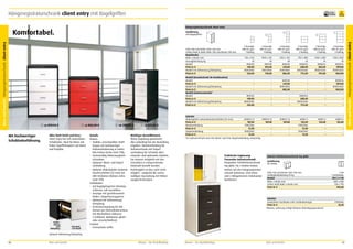 Hängeregistraturschrank client entry mit Bügelgriffen

frei Verwendung

Hängeregistraturschrank client entry
Ausführung
mit Bügelgriffen

3 Auszüge
DIN A4 quer
1-bahnig

4 Auszüge
DIN A4 quer
1-bahnig

2 Auszüge
DIN A4 quer
2-bahnig

3 Auszüge
DIN A4 quer
2-bahnig

4 Auszüge
DIN A4 quer
2-bahnig

750 x 434
42
BVB12H
439,00
BVB12HSD
523,00

1050 x 434
50
BVB13H
594,00
BVB13HSD
720,00

1350 x 434
50
BVB14H
637,00
BVB14HSD
805,00

750 x 800
65
BVB3E16
688,00
BVB3E16SD
772,00

1050 x 800
70
BVB2E16
865,00
BVB2E16SD
991,00

1350 x 800
70
BVB1E16
899,00
BVB1E16SD
1067,00

–
–
–
–

–
–
–
–

BVB14H
637,00
BVB14HSD
805,00

–
–
–
–

–
–
–
–

BVB1E16
899,00
BVB1E16SD
1067,00

BVB12H
439,00
BVB12HSD
523,00

–
–
–
–

–
–
–
–

BVB3E16
688,00
BVB3E16SD
772,00

–
–
–
–

–
–
–
–

Zubehör
Abdeckplatte melaminharzbeschichtet (25 mm)
APBV12-14
APBV12-14
Preis in €
107,00
107,00
Wandverbindung
39002386
–
Preis in €
12,00
–
Stapelverbindung
39002600
–
Preis in €
11,60
–
* Pro Aufsatzschrank sind eine Wand- und eine Stapelverbindung notwendig.

APBV12-14
107,00
–
–
–
–

APBV1-3
125,00
39002386
12,00
39002600
11,60

APBV1-3
125,00
–
–
–
–

APBV1-3
125,00
–
–
–
–

Modell (Grundschrank für Kombination)
Modell
Preis in €
Modell mit Selbsteinzug/Dämpfung
Preis in €
Modell (Aufsatzschrank)*
Modell
Preis in €
Modell mit Selbsteinzug/Dämpfung
Preis in €

Mit hochwertiger
Schubladenführung.

2

ab 865,00 €

Alles läuft leicht und leise.
client entry hat voll ausziehbare
Schubladen. Ideal für Büros mit
hoher Zugriffsfrequenz auf Akten
und Projekte.

Selbsteinzug
und
Dämpfung

Einschub
von Hand

3

ab 594,00 €

Details
Korpus
•	 	 tabiler,	verschweißter	StahlS
korpus mit hochwertiger
Einbrennlackierung in vielen
RAL-Farben (siehe Seite 198).
•	 	 erienmäßig	HöhenausgleichS
schrauben.
•	 	 ptional:	Wand-	und	StapelO
verbindung.
•	 	 ptional:	Abdeckplatte	melaminO
harzbeschichtet (25 mm) mit
ABS-Umleimer (Dekore siehe
Seite 199).
Schubladen
•	 Auf kugelgelagerten Teleskopschienen, voll ausziehbar.
•	 Auszüge mit geschlossenem
Boden, Doppelauszugsperre.
•	 Optional mit Selbsteinzug/
Dämpfung.
•	 	 entralverriegelung	für	alle	
Z
Ebenen per Drehzylinderschloss
mit Wechselkern inklusive
2 Schlüssel. Wahlweise gleichoder einzelschließend.
Fronten
•	 Formschöne	Griffe.	

4

ab 637,00 €

Wichtiger Bestellhinweis.
Wenn Stapelung gewünscht,
dies unbedingt bei der Bestellung
angeben. Wandverbindung für
Aufsatzschrank und Stapelverbindung für Schränke übereinander sind optionales Zubehör.
Sie müssen zeitgleich mit den
Schränken in entsprechender
Stückzahl bestellt werden.
Nachträglich ist dies nicht mehr
möglich – aufgrund der serienmäßigen Ausstattung mit Höhenausgleichschrauben.

2

2 Auszüge
DIN A4 quer
1-bahnig

Tiefe 600 mm/lichte Tiefe 548 mm
Lichtes Maß je Bahn Höhe 286 mm/Breite 330 mm
Modellreihe
Höhe x Breite mm
Auszugbelastung kg
Modell
Preis in €
Modell mit Selbsteinzug/Dämpfung
Preis in €

ab 899,00 €

1

4
3

Praktische Ergänzung:
Passender Aufsatzschrank.
Kompakter Schiebetürenschrank
top glide. Für 2 Reihen Ordner.
Einfach auf den Hängeregistraturschrank aufsetzen. Und schon
sind 2 Ablageformen miteinander
kombiniert.

Aufsatz-Schiebetürenschrank top glide
Ausführung
für Ordner
Tiefe 420 mm/lichte Tiefe 350 mm
Fachbodenbelastung 50 kg
Modell
Höhe x Breite mm
Lichtes Maß Höhe x Breite mm
Preis in €

Zubehör
Zusätzlicher Fachboden inkl. Fachbodenträger
Preis in €
Hinweis: Lieferung erfolgt inklusive Befestigungsmaterial.

2 OH
1 Fachboden
BSA 2-4-08
800 x 800
750 x 795
495,00

77903106
25,20

Optional Selbsteinzug/Dämpfung.

66

Büro und Kanzlei

Mauser – Der Bestellkatalog

Mauser – Der Bestellkatalog

Büro und Kanzlei

67

Büro und Kanzlei Hängeregistraturschrank client entry

Büro und Kanzlei Hängeregistraturschrank client entry

Komfortabel.

1

10
Jahre
Garantie

 