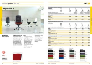 Drehstuhl genius II Serie 450

frei Haus

Drehstuhl genius II (Rückenlehne Spiegelpolster)

Ergonomisch.

Ausführung
höhenverstellbar

452-1
480

Armlehnen fix
geschlossen
452-2
610

Armlehnen fix
hinten offen
452-3
610

Funktionsarmlehnen
höhenverstellbar
452-4
610

449,00

524,00

524,00

559,00

474,00

549,00

549,00

584,00

553,00

628,00

628,00

663,00

456-1
480

Armlehnen fix
geschlossen
456-2
610

Armlehnen fix
hinten offen
456-3
610

Funktionsarmlehnen
höhenverstellbar
456-4
610

471,00

546,00

546,00

581,00

498,00

573,00

573,00

608,00

581,00

656,00

656,00

691,00

56,00

56,00

56,00

56,00

6,20

6,20

6,20

6,20

123,00

123,00

123,00

123,00

35,00

35,00

35,00

35,00

152,00

152,00

152,00

152,00

18,20

18,20

18,20

18,20

Drehstuhl genius II (Rückenlehne Netzbespannung)
Ausführung
höhenverstellbar

ab 449,00 €

Im Bild: Rahmen/Fußkreuz in weiß gegen Mehrpreis.

Hochwertiger
Office Drehstuhl.

Design by Eckard Hansen und
Professor Gerhard Reichert.
genius II wurde von renommierten
Ergonomie- und Designprofis
entworfen. Er verbindet hervorragende Sitzeigenschaften mit
einer dynamisch leicht und
beschwingt wirkenden Formgebung. Seine ausgeklügelte,
langlebige Synchronmechanik
leistet einen wertvollen Beitrag
zur Senkung der Krankheitsrate
im Büro.

Details
•	 Ergonomische Rückenlehne
mit Spiegelpolster oder Netzbespannung.
•	 Synchronmechanik.
•	 Stufenlose Höhenverstellung.
•	 Wahlweise ohne oder mit
feststehenden KunststoffArmlehnen (geschlossen
oder hinten offen) oder
höhenverstellbaren Funktionsarmlehnen.
•	 Fußkreuz aus schwarzem
Kunststoff, optional aus Aluminium, glanzpoliert.

•	 Standardrollen hart, optional
weich (ø 60 mm).
•	 Optional beweglich gelagerte
Sitzfläche dynamicSWING.
•	 Optional größenabhängige
Sitztiefenverstellung.
•	 Optional mit beweglicher
Kopfstütze.

Höhe 1030 – 1140 mm/Tiefe 600 mm
Sitzhöhe 420 – 530 mm/Sitzbreite 500 mm/Sitztiefe 420 mm
Modell
Breite mm
Sitzpolster Bezug-Gruppe 1 a
Preis in €
Sitzpolster Bezug-Gruppe 1
Preis in €
Sitzpolster Bezug-Gruppe 4, Leder
Preis in €
Ausstattungsvarianten und Zubehör (Mehrpreis)
Fußkreuz Aluminium glanzpoliert
Preis in €
Rollen weich ø 60 mm (5 Stk./VE)
Preis in €
Kopfstütze mit Polster (Stoff oder Leder)
Preis in €
Sitztiefenverstellung
Preis in €
dynamicSWING-Ausstattung (dsA) inkl. Sitztiefenverstellung
Preis in €
Gasfeder (für Belastung ab 120 kg)
Preis in €

Bezug-Gruppe 1,
Stoff Xtreme plus
100 % Xtreme FR®, B1

Bezug-Gruppe 1 a,
Stoff Fighter
100 % Polyester

Bezug-Gruppe 4,
Leder Helsinki
Rindsleder

Netzrücken

60999
schwarz

70

YS009
havana

5290
grau

anthrazit

YS106
calypso

M161
rouge

grün

68069
lindgrün

Büro und Kanzlei

schwarz

64103
rot

Rückenlehne Spiegelpolster.

M180
schwarz

60083
grau

Landesgewerbeanstalt Bayern

YS026
costa

YS082
scuba

M117
weiß

creme
weiß

Rahmen/Fußkreuz in weiß gegen Mehrpreis.

Mauser – Der Bestellkatalog

Mauser – Der Bestellkatalog

Büro und Kanzlei

71

Büro und Kanzlei Drehstuhl genius II

Höhe 1030 – 1140 mm/Tiefe 600 mm
Sitzhöhe 420 – 530 mm/Sitzbreite 500 mm/Sitztiefe 420 mm
Modell
Breite mm
Bezug-Gruppe 1 a
Preis in €
Bezug-Gruppe 1
Preis in €
Bezug-Gruppe 4, Leder
Preis in €

Büro und Kanzlei Drehstuhl genius II

5
Jahre
Garantie

 