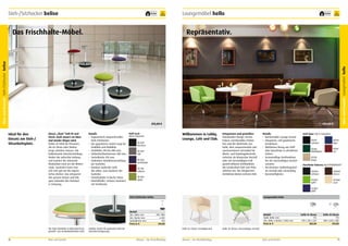 Steh-/Sitzhocker belise

frei Haus

5
Jahre
Garantie

Dieser „Chair“ hält fit und
frisch. Auch wenn‘s im Büro
mal wieder länger wird.
belise ist ideal für Personen,
die im Sitzen oder Stehen
lange arbeiten müssen. Die
halbsitzende Zwischenstellung
fördert die aufrechte Haltung
und trainiert die stützende
Muskulatur rund um die Wirbelsäule. Zusätzlich kann man
sich sehr gut um die eigene
Achse drehen. Das entspannt
den ganzen Körper und hält
ganz nebenbei den Kreislauf
in Schwung.

1

Willkommen in Lobby,
Lounge, Café und Club.

Stoff Lucia
Details
100 % Polyester
•	 Ergonomisch anspruchsvoller
Steh-/Sitzhocker.
YB 009
•	 Der gepolsterte Sockel sorgt für
havanna
Stabilität und Mobilität.
•	 Stuhlhöhe 590 bis 880 mm.
YB 094
slip
•	 Sitzbreite/Durchmesser 285 mm.
•	 Sockelbreite 435 mm.
YB 004
•	 Stufenlose Sitzhöhenverstellung
martinique
per Gasfeder.
•	 Rundum laufender Griff,
YB 106
Alu-silber, zum Auslösen der
calypso
Gasfeder.
YB 096
•	 Sitzholzplatte in Buche Natur.
apple
•	 Holzfußteller, schwarz laminiert
mit Sichtkante.

Entspannen und genießen.
Einladendes Design, frische
Farben, komfortables Polster.
Das sind die Merkmale von
hello, dem ansprechenden und
repräsentativen Sitzmöbel für
Warte- und Empfangsbereiche.
Lieferbar als klassischer Vierfuß
oder mit vierstrahligem Fußgestell inklusive Drehfunktion.
Die Schalenform lädt zum Platznehmen ein. Die integrierten
Armlehnen bieten sicheren Halt.

Details
•	 Komfortabler Lounge-Sessel.
•	 Integrierte, voll gepolsterte
Armlehnen.
•	 Wahlweise Bezug aus Stoff
oder Kunstleder in attraktiven
Farben.
•	 Serienmäßige Drehfunktion
bei der vierstrahligen Gestellvariante.
•	 Verchromtes Stahlrohrgestell
als Vierfuß oder vierstrahlig.
•	 Kunststoffgleiter.

Büro und Kanzlei Loungemöbel hello

474,00 €

Ideal für den
Einsatz am Steh-/
Sitzarbeitsplatz.

5
Jahre
Garantie

frei Haus

Repräsentativ.

Büro und Kanzlei Steh-/Sitzhocker belise

Das Frischhalte-Möbel.

Loungemöbel hello

474,00 €

Stoff Oban 100 % Polyolefin
EF019
schwarz

EF010
blau

EF069
dunkelgrün

EF037
rot

EF030
beige
Kunstleder Valencia Vinyl PERMABLOK3®
VL9035
schwarz

VL0020
mocca

VL5041
apfel

VL1048
sisal

VL3067
delft
Steh-/Sitzhocker belise

Loungemöbel hello
1

Modell
Sitz: Höhe mm
Sitz: Breite mm
Sockelbreite mm
Preis in €
Die Steh-/Sitzhöhe ist blitzschnell eingestellt – per rundumlaufendem Griff.

76

Büro und Kanzlei

Modell
Stuhl: Höhe mm
Sitz: Höhe x Breite x Tiefe mm
Preis in €

590 – 880
ø 285
435
474,00

Stabiler Sockel für optimalen Halt bei
Gewichtsverlagerung.

hello 4L Chrom: Vierfußgestell.

Mauser – Der Bestellkatalog

Mauser – Der Bestellkatalog

hello 4L Chrom
775
470 x 535 x 525
482,00

hello 4S Chrom
775
480 x 630 x 585
474,00

hello 4S Chrom: Vierstrahliges Gestell.

Büro und Kanzlei

77

 