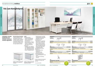 Kompletteinrichtung medicus

frei Verwendung

10*
Jahre
Garantie

Klinik und Praxis Kompletteinrichtung medicus

Klinik und Praxis Kompletteinrichtung medicus

Trio zum Komplettpreis.

Accessoires und Besucherstühle nicht im Lieferumfang enthalten.

Schreibtisch, Schrankkombination und
Container. Formal auf
einander abgestimmt.

Hier passt alles gut zusammen.
Schlichte Designlinien, schmale
Querschnitte, hier wirkt alles
einladend freundlich, transparent
und offen. Die ideale Kombination für Behandlungszimmer und
Stationsbüros. Schränke, Schreibtisch und Container bilden eine
fürs Auge angenehme Einheit.

Variante 1: Container line mit Auszugfächerschale und 3 Multifunktionsschubladen.

82

Klinik und Praxis

Details
Schreibtisch medicus
•	 Vierfuß-Rahmengestell aus
Quadrat- und Rechteckrohr,
höhenteleskopierbar von
650 bis 850 mm.
•	 Ergänzungsplatte, Rückwandblende im Lochdesign, 2 Kabeldurchlässe, Kabelwanne
(RAL 9006 oder RAL 9011).
Container line
•	 Stahlkorpus, 9 HE, wahlweise
mit 3 Multifunktionsschubladen
oder 1 Multifunktionsschublade
plus 1 Hängeregistraturauszug,
jeweils 1 Auszugfächerschale.

Variante 2: Container line mit Auszugfächerschale, Hängeregistratur und
Multifunktionsschublade.

•	 Doppelauszugsperre und Selbsteinzug/Dämpfung serienmäßig.
•	 Abdeckplatte melaminharzbeschichtet (19 mm).
Drehstuhl genius II
•	 Rückenlehne mit Spiegelpolster
(Bezug-Gruppe 1, Farben siehe
Seite 70), Synchronmechanik,
höhenverstellbare Armlehnen,
Fußkreuz aus schwarzem Kunststoff, serienmäßig harte Rollen,
optional weiche Rollen, bitte
bei Bestellung angeben.
Schrankkombination kontoro
bestehend aus
•	 Medikamentenschrank.*
•	 Regalschrank.
•	 Schiebetürenschrank.
•	 Regal-Aufsatzschrank.
Schrankkombination kontoro
•	 inkl. Stahl-Abdeckplatte (11 mm),
lackiert.
•	 inkl. seitlicher Verbindungselemente.
Farben und Dekore für Schreibtisch,
Container und Schränke siehe
Seite 198.
* nur in RAL 9010, 7035.

Mauser – Der Bestellkatalog

Komplettbüro 1

Komplettbüro 2

Ausführung
bestehend aus

Ausführung
bestehend aus

Schreibtisch
(Höhe 650 – 850 mm/Breite 1800 mm/Tiefe 800 + 200 mm)
Preis in €
1

medicus
1083,00

2

und
Container line 1
(Höhe 579 mm/Breite 417 mm/Tiefe 800 mm)
3 Multifunktionsschubladen + Auszugsfächerschale
Preis in €

1

LCZ98-333ED-K
548,00

oder
Container line 2
LCZ98-3E6TD-K
(Höhe 579 mm/Breite 417 mm/Tiefe 800 mm)
1 Multifunktionsschublade + 1 Hängeregistratur + Auszugsfächerschale
Preis in €
522,00

und
Drehstuhl genius II , harte Rollen
(Höhe 1030 – 1140 mm/Breite 610 mm/Tiefe 600 mm)
Preis in €
* 5 Jahre Garantie für Drehstuhl genius II.

Mauser – Der Bestellkatalog

Schreibtisch
(Höhe 650 – 850 mm/Breite 1800 mm/Tiefe 800 + 200 mm)
Preis in €

452-4 Gr.1

Komplett
preis
2079,00 €

584,00

medicus
1083,00

2

und
Container line 1
(Höhe 579 mm/Breite 417 mm/Tiefe 800 mm)
3 Multifunktionsschubladen + Auszugsfächerschale
Preis in €

LCZ98-333ED-K
548,00

oder
Container line 2
LCZ98-3E6TD-K
(Höhe 579 mm/Breite 417 mm/Tiefe 800 mm)
1 Multifunktionsschublade + 1 Hängeregistratur + Auszugsfächerschale
Preis in €
522,00

und
Schrankkombination
(Gesamt: Höhe 1956 mm/Breite 2000 mm/Tiefe 432 mm)
Preis in €
Kom

plettpreis
3829,00 €

Klinik und Praxis

medicus
2430,00

83

 