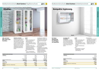 Medikamentenschrank client kontoro Flügeltürenschrank

frei Verwendung

10
Jahre
Garantie

779,00 €

2

Überblick in Sekunden.
Medikamente und deren Bestände sind ein sensibles Thema.
Nichts darf fehlen. Nichts darf in
falsche Hände geraten. Deshalb
ist jederzeit schneller Überblick
gefragt. Und optimale Sicherheit.
Beides bietet der mit stabilen
Sichtfenstern und sicherer Verschließtechnik ausgestattete
Medikamentenschrank client
kontoro.

995,00 €

Details
Korpus
•	 Stabiler, verschweißter Stahlkorpus mit hochwertiger
Einbrennlackierung.
•	 In zwei Farbvarianten lieferbar:
lichtgrau RAL 7035 und reinweiß
RAL 9010.
•	 Die Rückwand bildet einen
Rücksprung zur Aufnahme von
Rückwandverkleidungen.
•	 Höhenausgleichschrauben.
•	 Stahl-Abdeckplatte (11 mm).
Türen
•	 1 oder 2 verwindungsfeste
Flügeltüren mit Glasausschnitt

351,00 €
aus gekantetem Stahlblech, in
Stahl-Drehbolzen gelagert, mit
Sichtfenster aus 4 mm starkem
Einscheiben-Sicherheitsglas
(ESG).
•	 Sicherer Dreiriegelverschluss
mit Drehzylinderschloss inkl.
2 Schlüssel. Wahlweise gleichoder einzelschließend.
Inneneinrichtung
•	 4 Fachböden aus 5 mm starkem
Einscheiben-Sicherheitsglas (ESG),
belastbar bis 40 kg g. v. L.
•	 Integrierte Trageschienen,
Glasböden höhenverstellbar
im Raster von 25 mm.

Der kleine
Wandschrank.
Das Wichtigste
auf Augenhöhe.

Gut sichtbar. Nicht
verschließbar!
Als Ergänzung zu den Flügentürenschränken client kontoro
gibt es den kompakten Wandschrank mit Glas-Schiebetüren.
Er wird gerne auch über Arbeitsplatten in Labor und Praxis
genutzt.

Details
Korpus
•	 Stabiler, verschweißter Stahlkorpus mit hochwertiger
Einbrennlackierung.
•	 In zwei Farbvarianten lieferbar:
lichtgrau RAL 7035 und reinweiß
RAL 9010.
•	 Maximale Schrankbelastung
60 kg.
Türen
•	 Glasschiebetüren, auf Spezialkugellagerrollen in stabiler
Schienenführung.

Inneneinrichtung
•	 2 Fachböden aus 4 mm starkem
Einscheiben-Sicherheitsglas
(ESG), belastbar bis 20 kg g. v. L.
•	 Integrierte Trageschienen,
Glasböden höhenverstellbar
im Raster von 17,5 mm.

Schiebetürenschrank client kontoro

Flügeltürenschrank client kontoro
Ausführung

1

Höhe 1956 mm/Tiefe 432 mm
Modell
Breite in mm
Farbe RAL 9010
Farbe RAL 7035
Preis in €
Zusätzlicher Fachboden inkl. Fachbodenträger
Preis in €

88

10
Jahre
Garantie

Klinik und Praxis Art Produktname
Medikamentenschrank client kontoro

1

Alles auf einen
Blick. Sicher unter
Verschluss.

frei Verwendung

Kompakte Ergänzung.

Klinik und Praxis Medikamentenschrank client kontoro

Glasklar.

Medikamentenschrank client kontoro Schiebetürenschrank

Klinik und Praxis

1 Flügeltür rechts
4 Fachböden
KFGM5-06RS
600
7S000561
7S000562
779,00
S7001353
51,50

Ausführung

2

1 Flügeltür links
4 Fachböden
KFGM5-06LS
600
7S000563
7S000564
779,00
S7001353
51,50

Höhe 520 mm/Tiefe 280 mm
Modell
Breite mm
Farbe RAL 9010
Farbe RAL 7035
Preis in €
Zusätzlicher Fachboden inkl. Fachbodenträger
Preis in €

2 Flügeltüren
4 Fachböden
KFGM5-08S
800
7S000565
7S000566
995,00
S7001354
57,80

Mauser – Der Bestellkatalog

Mauser – Der Bestellkatalog

Klinik und Praxis

2 Schiebetüren
2 Fachböden
KSWM3-08
800
7S000515
7S000516
351,00
S7001355
36,80

89

 