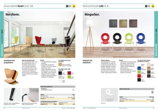 Universalstuhl heart Serie 528

5
Jahre
Garantie

frei Haus

frei Haus

5
Jahre
Garantie

Hingucker.

Klinik und Praxis Universalstuhl heart

Klinik und Praxis Mehrzweckstuhl Cafe

Herzform.

Mehrzweckstuhl cafe IX 4L

Anziehend und
sympathisch.

Ideal für Wartebereiche.
Ob in weitläufigen Warte- und
Besucherbereichen oder in
kompakten Wartezimmern.
Der in Herzform gestaltete
Holzschalenstuhl heart wirkt
auf Anhieb sympathisch. Das
variantenreiche Farbkonzept
erfreut Besucher und Patienten.
Praktisch ist die leichte Stapelbarkeit.

Details
•	 Sitz-/Rückenschale aus Buchensperrholz.
•	 Komfortabel ausgeformte
Sitzfläche, auf der man gerne
länger Platz nimmt.
•	 Optional Oberfläche der Sitz-/
Rückenschale aus Schichtstoff
HPL (DURO), enorm strapazierfähig und leicht zu reinigen.
•	 Gestell aus glanzverchromtem
Stahlrohr mit Fußstopfen.

Originell und
farbenfroh.

Sitz-/Rückenschale Buche
(Standard)
Buche klar lackiert
(gebeizt auf Anfrage)
Sitz-/Rückenschale DURO
(optional)
U961
schwarz

U323
rot

U708
grau

Schöner Rücken.
Abwechslungsreich, originell
und farbenfroh. So zeigt sich
der Mehrzweckstuhl cafe IX 4L.
Beliebter Hingucker und komfortables Sitzmöbel in Bistros,
Cafeterien, Wartezonen und
Besucherräumen. Originell im
Design. Hochwertig im Material.

Sitz-/Rückenschale BuchenDetails
•	 Kreisförmige Sitz-/Rückenschale schichtholz mit Laminat
mit luftiger, runder Öffnung.
W1000
H 1733
•	 Filigran wirkendes aber sehr
weiß
Ahorn
stabiles Vierfuß-Stahlgestell,
glanzverchromt.
H3389
U514
•	 Sitz-/Rückenschale aus
Buche
brillantblau
Buchenschichtholz mit Laminat
H3005
U630
(gebeizt auf Anfrage).

U630
grün

apfelgrün

Zebrano

U321
rot

H3704
Nussbaum

U999
schwarz

W980
weiß

Wartezimmerstuhl heart
Ausführung
Sitz-/Rückenschale Buche

Mehrzweckstuhl cafe

Modell
Stuhl: Höhe mm
Sitz: Höhe x Breite x Tiefe mm
Preis in €

Leicht aber stabil. Stahlrohrfüße mit
Fußstopfen aus Kunststoff.

Hygienische HPL-Beschichtung für
DURO Sitz-/Rückenschale.

94

Klinik und Praxis

Ausstattungsvariante und Zubehör
Sitz-/Rückenschale DURO in Farbe
Mehrpreis in €
68,00

528-1
890
460 x 500 x 440
114,00

Fußstopfen mit Filz
Preis in €

Modell
Stuhl: Höhe mm
Sitz: Höhe x Breite x Tiefe mm ca.
Preis in €
cafe IX 4L.

6,20

Mauser – Der Bestellkatalog

cafe IX 4L
825
400 x 500 x 460
169,00

Mauser – Der Bestellkatalog

Klinik und Praxis

95

 