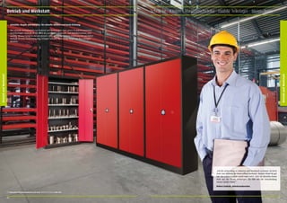 Betrieb und Werkstatt

Schränke · Kästen · Magazinschränke · mobile Teilelager · Meisterbüro

Schränke, Regale und Behälter. Für schnelle Abläufe und beste Ordnung.

Betrieb und Werkstatt

Betrieb und Werkstatt

Die schnelle Verfügbarkeit von Material und Werkzeugen kann ganze Produktionsprozesse
beschleunigen. Deshalb ist die Wahl des passenden Stauraum- und Behältersystems sehr
wichtig. Mauser bringt in diesem Bereich mehr als fünf Jahrzehnte Erfahrung mit und liefert
deshalb für jede Anwendung den richtigen Schrank, das richtige Regal und den richtigen
Behälter.

1

„Ich bin schon lange in Industrie und Handwerk zu Hause. Da lernt
man, was Ordnung im Materialfluss bedeutet. Mauser denkt da gut
mit. Bei jedem Produkt merkt man sofort, dass sie aktuelles Know
How aus der Praxis einbringen. Da fällt mir die Entscheidung
immer wieder leicht.“
Robert Endrula, Arbeitsvorbereiter
1

96

Schwerlast-Flügeltürenschrank jack load, MKSTS12/3/19STG, Seite 103.

97

 