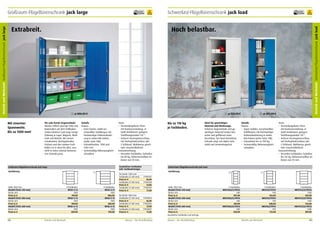 Großraum-Flügeltürenschrank jack large

frei Verwendung

10
Jahre
Garantie

ab 806,00 €

Für sehr breite Gegenstände.
Warum sollten sperrige Teile und
Materialien auf dem Fußboden
stehen bleiben? jack large bringt
Ordnung in Lager, Magazin, Werkstatt und Betrieb. Mit seinen
extrabreiten, durchgehenden
Fächern und den starken Fachböden ist er ideal für alles, was
nicht in einen normal bemessenen Schrank passt.

1

Details
Korpus
•	 	 xtra	breiter,	stabil	verE
schweißter Stahlkorpus mit
hochwertiger Einbrennlackierung in vielen RAL-Farben
(siehe Seite 198).
•	 	 chrankbreiten:	1200	und	
S
1500 mm.
•	 Serienmäßig Höhenausgleichschrauben.

Ausführung

1

Höhe 1965 mm
Modell (Tiefe 420 mm)
Breite mm
Preis in €
Modell (Tiefe 500 mm)
Breite mm
Preis in €
Modell (Tiefe 600 mm)
Breite mm
Preis in €

4 Fachböden
WFG5-4-12
1200
749,00
WFG5-5-12
1200
789,00
WFG5-6-12
1200
829,00

Betrieb und Werkstatt

Türen
•	 Verwindungsfeste Türen
mit Kastenversteifung, in
Stahl-Drehbolzen gelagert,
Türöffnungswinkel 135 °.
•	 Sicherer Dreiriegelverschluss
mit Drehzylinderschloss inkl.
2 Schlüssel. Wahlweise gleichoder einzelschließend.
Inneneinrichtung
•	 Verzinkte Fachböden, belastbar
bis 80 kg, höhenverstellbar im
Raster von 35 mm.
Zusätzlicher Fachboden
inkl. Fachbodenträger

Großraum-Flügeltürenschrank jack large

102

10
Jahre
Garantie

Hoch belastbar.

1

Mit enormer
Spannweite.
Bis zu 1500 mm!

frei Verwendung

4 Fachböden
WFG5-4-15
1500
806,00
WFG5-5-15
1500
883,00
WFG5-6-15
1500
935,00

Bis zu 110 kg
je Fachboden.

ab 524,00 €

Ideal für gewichtiges
Material und Werkzeuge.
Schwere Gegenstände und gewichtiges Material landen hier
sicher und griffbereit unter
Verschluss. Der hoch belastbare
Schrank zeigt sich dabei stets
stabil und verwindungsfest.

Betrieb und Werkstatt Schwerlast-Flügeltürenschrank jack load

Betrieb und Werkstatt Großraum-Flügeltürenschrank jack large

Extrabreit.

Schwerlast-Flügeltürenschrank jack load

ab 492,00 €

2

Details
Korpus
•	 Super-stabiler, verschweißter
Stahlkorpus mit hochwertiger
Einbrennlackierung in vielen
RAL-Farben (siehe Seite 198).
•	 Schranklast bis zu 700 kg.
•	 Serienmäßig Höhenausgleichschrauben.

Türen
•	 Verwindungsfeste Türen
mit Kastenversteifung, in
Stahl-Drehbolzen gelagert.
Türöffnungswinkel 135 °.
•	 Sicherer Dreiriegelverschluss
mit Drehzylinderschloss inkl.
2 Schlüssel. Wahlweise gleichoder einzelschließend.
Inneneinrichtung
•	 Verzinkte Fachböden, belastbar
bis 110 kg, höhenverstellbar im
Raster von 35 mm.

Schwerlast-Flügeltürenschrank jack load
Ausführung

für Breite 1200 mm
Fachboden (T 420 mm)
Preis in €
Fachboden (T 500 mm)
Preis in €
Fachboden (T 600 mm)
Preis in €

77903107
46,00
77903108
57,00
77903109
71,00

für Breite 1500 mm
Fachboden (T 420 mm)
Preis in €
Fachboden (T 500 mm)
Preis in €
Fachboden (T 600 mm)
Preis in €

77903095
46,00
77903096
57,00
77903097
71,00

Mauser – Der Bestellkatalog

Höhe 1965 mm
Modell (Tiefe 420 mm)
Breite mm
Preis in €
Modell (Tiefe 500 mm)
Breite mm
Preis in €
Modell (Tiefe 600 mm)
Breite mm
Preis in €
Zusätzliche Fachböden auf Anfrage.

Mauser – Der Bestellkatalog

2

4 Fachböden
MKSTS06/3/19STG
600
492,00
MKSTS06/5/19STG
600
587,00
MKSTS06/6/19STG
600
650,00

1

4 Fachböden
MKSTS3/19STG
950
524,00
MKSTS5/19STG
950
608,00
MKSTS6/19STG
950
723,00

Betrieb und Werkstatt

4 Fachböden
MKSTS12/3/19STG
1200
681,00
MKSTS12/5/19STG
1200
734,00
MKSTS12/6/19STG
1200
807,00

103

 