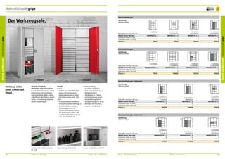Materialschrank grips

frei Verwendung

Materialschrank grips

Der Werkzeugsafe.

8 Fachböden

6 Fachböden
4 Schubladen
MKSTM5/19_E_2
–
4
939,00

6 Fachböden
8 Schubladen
MKSTM5/19_E_3
4
4
1150,00

2 Fachböden
24 Schubladen
MKSTM5/19_E_5
16
8
1975,00

6 Fachböden
4 Schubladen
MKSTM12/5/19_E_2
–
4
1050,00

6 Fachböden
8 Schubladen
MKSTM12/5/19_E_3
4
4
1269,00

2 Fachböden
24 Schubladen
MKSTM12/5/19_E_5
16
8
2150,00

MKSTM5/19_E_1
–
–
699,00

Materialschrank grips
Ausführung
Mitteltrennwand

Höhe 1950 mm/Tiefe 500 mm
Modell (Breite 1200 mm)
Schubladen (Höhe 85 mm)
Schubladen (Höhe 170 mm)
Preis in €

1

Werkzeug sicher
hinter Schloss und
Riegel.

1249,00 €

Ideal für Kleinteile,
Wertvolles und Vertrauliches.
Je nach Bedarf kann man offene
Ordnerfächer mit Schubladen
unterschiedlicher Höhe und verschließbaren Wertfächern kombinieren. 7 Einrichtungsvarianten
stehen zur Verfügung.

2

Details
Korpus
•	 Stabiler, verschweißter Stahlkorpus mit hochwertiger
Einbrennlackierung in vielen
RAL-Farben (siehe Seite 198).
Türen
•	 Verwindungsfeste Stahlblechtüren mit Kastenversteifung, in
Stahl-Drehbolzen gelagert,
Türöffnungswinkel 135°.
•	 Sicherer Dreiriegelverschluss
mit Drehzylinderschloss inkl.
2 Schlüssel. Wahlweise gleichoder einzelschließend.

2318,00 €
Inneneinrichtung
•	 Verzinkte Fachböden,
Belastung 70 kg/FB g. v. L.
•	 Mitteltrennwand.
•	 Schubladen in 2 Höhen,
durch Arretierung gegen
Herausfallen gesichert.
•	 Schubladentragkraft 30 kg.
•	 Wertfach 350 mm hoch,
einzeln verschließbar.

110

Betrieb und Werkstatt

Fachbodentragkraft bis 70 kg.

MKSTM12/5/19_E_1
–
–
799,00

Materialschrank grips mit Wertfach
Ausführung
Mitteltrennwand

Höhe 1950 mm/Tiefe 500 mm
Modell (Breite 950 mm)
Schubladen (Höhe 85 mm)
Schubladen (Höhe 170 mm)
Preis in €

1

4 Fachböden
16 Schubladen
1 Wertfach
MKSTM5/19_E_4
16
–
1500,00

24 Schubladen
2 Wertfächer
MKSTM5/19_E_6
16
8
2140,00

4 Fachböden
6 Schubladen
2 Wertfächer
MKSTM5/19_E_7
4
2
1249,00

24 Schubladen
2 Wertfächer
MKSTM12/5/19_E_6
16
8
2318,00

4 Fachböden
6 Schubladen
2 Wertfächer
MKSTM12/5/19_E_7
4
2
1359,00

Materialschrank grips mit Wertfach
Ausführung
Mitteltrennwand

Höhe 1950 mm/Tiefe 500 mm
Modell (Breite 1200 mm)
Schubladen (Höhe 85 mm)
Schubladen (Höhe 170 mm)
Preis in €

Schubladen in 2 Höhen, belastbar
bis 30 kg.

8 Fachböden

2

4 Fachböden
16 Schubladen
1 Wertfach
MKSTM12/5/19_E_4
16
–
1699,00

Einzeln verschließbares Wertfach.

Mauser – Der Bestellkatalog

Mauser – Der Bestellkatalog

Betrieb und Werkstatt

111

Betrieb und Werkstatt Materialschrank grips

Ausführung
Mitteltrennwand

Höhe 1950 mm/Tiefe 500 mm
Modell (Breite 950 mm)
Schubladen (Höhe 85 mm)
Schubladen (Höhe 170 mm)
Preis in €

Betrieb und Werkstatt Materialschrank grips

10
Jahre
Garantie

 