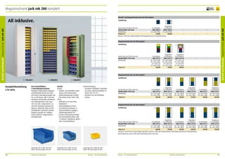 Magazinschrank jack mk 280 komplett

frei Verwendung

Beistell- und Magazinschrank jack mk 280 komplett

All inklusive.

–

–

–

–

–

–

–

–

–

–

–

–

–

–

Flügeltüren
9 Fachböden
MKST 4/17 B
20 x mk 4 gelb
20 x mk 4 blau
554,00

11 Fachböden
MKS 4/17 C
36 x mk 5 blau
24 x mk 4 gelb
439,00

Flügeltüren
11 Fachböden
MKST 4/17 C
36 x mk 5 blau
24 x mk 4 gelb
584,00

Magazinschrank jack mk 280 komplett
Ausführung

Breite 680 mm/Tiefe 280 mm
Modell (Höhe 1740 mm)
Bestückung

Preis in €

3

9 Fachböden
MKS 4/17 K
45 x mk 6 gelb
45 x mk 6 grün
24 x mk 5 rot
24 x mk 5 blau
454,00

Flügeltüren
9 Fachböden
MKST 4/17 K
45 x mk 6 gelb
45 x mk 6 grün
24 x mk 5 rot
24 x mk 5 blau
597,00

Flügeltüren
10 Fachböden
MKST 4/17 M
16 x mk 6 rot
12 x mk 5 gelb
8 x mk 4 rot
12 x mk 4 blau
538,00

14 Fachböden
MKS 4/17 A
45 x mk 5 gelb
45 x mk 5 blau
484,00

Flügeltüren
14 Fachböden
MKST 4/17 A
45 x mk 5 gelb
45 x mk 5 blau
628,00

9 Fachböden
MKS 4/17 B
20 x mk 4 gelb
20 x mk 4 blau
410,00

Magazinschrank jack mk 280 komplett
1

736,00 €

Komplettbestückung
à la carte.

2

609,00 €

Drei Schrankhöhen.
9 Einrichtungsvarianten.
Komplett eingerichteter Magazinund Kleinteileschrank aus Stahl
mit einem Fassungsvermögen von
bis zu 138 Kästen. Alle 9 Schrankvarianten sind perfekt auf Mauser
mk Sichtlagerkästen des Typs
mk 4 bis mk 6 abgestimmt. So
wird der Stauraum optimal ausgenutzt. Alternativ kann auf die
Schranktüren verzichtet werden.
Dadurch entsteht ein stabiles,
höchst effizient eingerichtetes
Komplettregal.

Kastentyp mk 4: Höhe 130 mm/
Breite 148 mm/Länge 240 mm.

116

Betrieb und Werkstatt

3

Ausführung

538,00 €

Details
Korpus
•	 Stabiler, verschweißter Stahlkorpus mit hochwertiger
Einbrennlackierung in vielen
RAL-Farben (siehe Seite 198).
Türen
•	 Wahlweise mit und ohne
Flügeltüren.
•	 Verwindungsfeste Türen
mit Kastenversteifung, in
Stahl-Drehbolzen gelagert,
Türöffnungswinkel 135 °.
•	 Sicherer Dreiriegelverschluss
mit Drehzylinderschloss inkl.
2 Schlüssel. Wahlweise gleichoder einzelschließend.

Inneneinrichtung
•	 Verzinkte Fachböden, belastbar
bis 50 kg, höhenverstellbar im
Raster von 17,5 cm.
•	 Bestückt mit mk-Sichtlagerkästen.

Kastentyp mk 5: Höhe 73 mm/
Breite 100 mm/Länge 170 mm.

Kastentyp mk 6: Höhe 50 mm/
Breite 100 mm/Länge 90 mm.

Breite 680 mm/Tiefe 280 mm
Modell (Höhe 1740 mm)
Bestückung
Preis in €

Magazinschrank jack mk 280 komplett*
Ausführung

2

1

Flügeltüren
Flügeltüren
18 Fachböden
18 Fachböden
12 Fachböden
12 Fachböden
15 Fachböden
MKS 4/21 A
MKST 4/21 A
MKS 4/21 B
MKST 4/21 B
MKS 4/21 C
57 x mk 5 gelb
57 x mk 5 gelb
24 x mk 4 gelb
24 x mk 4 gelb
54 x mk 5 gelb
57 x mk 5 blau
57 x mk 5 blau
28 x mk 4 blau
28 x mk 4 blau
28 x mk 4 blau
Preis in €
609,00
778,00
523,00
692,00
567,00
* Hinweis: Schrank muss gegen Kippen gesichert werden. Lieferung erfolgt inklusive Befestigungsmaterial zur Wandmontage.
Universalschrank jack mk 280 ohne Bestückung siehe Seite 106.
Breite 680 mm/Tiefe 280 mm
Modell (Höhe 2150 mm)
Bestückung

Mauser – Der Bestellkatalog

Mauser – Der Bestellkatalog

Betrieb und Werkstatt

Flügeltüren
15 Fachböden
MKST 4/21 C
54 x mk 5 gelb
28 x mk 4 blau
736,00

117

Betrieb und Werkstatt Magazinschrank jack mk 280

Ausführung

Flügeltüren
Breite 680 mm/Tiefe 280 mm
6 Fachböden
6 Fachböden
Modell (Höhe 820 mm)
MKS 4/08 A
MKST 4/08 A
Bestückung
42 x mk 5 blau
42 x mk 5 blau
Preis in €
279,00
393,00
Hinweis: Lieferung erfolgt inklusive Befestigungsmaterial zur Wandmontage.

Betrieb und Werkstatt Magazinschrank jack mk 280

5
Jahre
Garantie

 