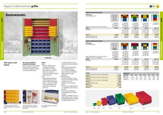 Magazin-Großraumschrank griffin

frei Haus

Magazin-Großraumschrank griffin
Ausführung
ohne Schubladenblock

1

Höhe 1950 mm/Breite 1100 mm/Tiefe 535 mm
Modell
Bestückung

Preis in €
Farbe RAL 7035/RAL 7035
Farbe RAL 6011/RAL 6011

7 Fachböden
Tiefe 250 mm
3 Fachböden
Tiefe 300 mm
GRST 1 F
–
–
–
–
1173,00
790037A0
790037A3

7 Fachböden
Tiefe 250 mm
3 Fachböden
Tiefe 300 mm
GRST 1 A
40 x mk 6 rot
70 x mk 5 gelb
28 x mk 4 rot
20 x mk 3z blau
1548,00
790038A0
790038A3

9 Fachböden
Tiefe 250 mm
2 Fachböden
Tiefe 300 mm
GRST 1 K
40 x mk 6 rot
90 x mk 5 gelb
28 x mk 4 grün
15 x mk 3z blau
1574,00
790039A0
790039A3

6 Fachböden
Tiefe 250 mm
2 Fachböden
Tiefe 500 mm
GRST 1 L
40 x mk 6 grün
40 x mk 5 rot
42 x mk 4 gelb
9 x mk 2 blau
1481,00
790040A0
790040A3

6 Fachböden
Tiefe 500 mm

6 Fachböden
Tiefe 250 mm
2 Fachböden
Tiefe 300 mm
1 Fachboden
Tiefe 500 mm
GRST 2 F
–
–
–
–
–
1662,00
790042A0
790042A3

6 Fachböden
Tiefe 250 mm
2 Fachböden
Tiefe 300 mm
1 Fachboden
Tiefe 500 mm
GRST 2 A
40 x mk 6 rot
70 x mk 5 gelb
21 x mk 4 rot
15 x mk 3z blau

5 Fachböden
Tiefe 250 mm
3 Fachböden
Tiefe 500 mm

6 Fachböden
Tiefe 250 mm
3 Fachböden
Tiefe 500 mm

7 Fachböden
Tiefe 500 mm

GRST 2 K
40 x mk 6 rot
40 x mk 5 blau
35 x mk 4 rot
9 x mk 2z grün

GRST 2 M
6 x mk 2z rot
6 x mk 2z gelb
6 x mk 2 blau
3 x mk 2 grün

1982,00
790043A0
790043A3

2094,00
790044A0
790044A3

GRST 2 L
40 x mk 6 rot
70 x mk 5 blau
21 x mk 4 gelb
5 x mk 3z rot
6 x mk 2z grün
1855,00
790045A0
790045A3

GRST 1 M
6 x mk 2 grün
6 x mk 2 blau
6 x mk 2 rot
3 x mk 2 gelb
1352,00
790041A0
790041A3

Magazin-Großraumschrank griffin
Ausführung
mit Schubladenblock

1

Platz sparen nach
System.

Mit 8 unterschiedlichen
Kompletteinrichtungen.
Alles in einem Schrank. Kompakt
und übersichtlich. 8 Komplettmodelle mit Schubladen, Kästen
und Werkzeughalterungen.

Türinnenseiten (obere Hälfte)
mit Schlitzaufnahmen für Sichtlagerkästen.

Türinnenseiten (untere Hälfte)
mit Lochplatten für verschiedene
Werkzeuge.

120

Betrieb und Werkstatt

Höhe 1950 mm/Breite 1100 mm/Tiefe 535 mm
Tragkraft 70 kg g. v. L. je Schublade
Modell
Bestückung

1548,00 €

Details
Korpus
•	 Robuster Stahlkorpus mit
2-Komponenten-Pulverbeschichtung in lichtgrau
(RAL 7035) oder resedagrün
(RAL 6011). Optional in
anderen RAL-Farben erhältlich
(siehe Seite 198).
Türen
•	 Doppelwandige Stahltüren,
Rasterlochung innen in der
unteren Hälfte für Werkzeughalter – in der oberen Hälfte
mit Schlitzaufnahmen zum
Einhängen von Sichtlagerkästen mk.

•	 3 Stahlscharniere pro Tür, für
den sicheren Halt der bestückten
Türen.
•	 Sicherer Dreiriegelverschluss
mit Drehzylinderschloss
inkl. 2 Schlüssel. Wahlweise
gleich- oder einzelschließend
(gleichschließend gegen
Mehrpreis).
Inneneinrichtung
•	 Verzinkte Fachböden, 250 bis
495 mm Tiefe, höhenverstellbar
im Raster von 15 mm.
•	 Bestückt mit mk-Sichtlagerkästen.
•	 Vormontierter Schubladenblock
à 3 Schubladen, Farbe lichtgrau
RAL 7035.
•	 Vollauszug der Schubladen
auf kugelgelagerten Teleskopschienen.
•	 Tragkraft je Schublade 70 kg g. v. L.,
lichtes Maß 925 x 448 x 90 mm.
•	 Schubladenblockhöhe einschließlich Abdeckboden 450 mm.

Der Schubladenblock ist komplett
vormontiert.

Preis in €
Farbe RAL 7035/RAL 7035
Farbe RAL 6011/RAL 6011
Zubehör
Fachboden (Tiefe 250 mm) inkl. Fachbodenträger
Preis in €
Fachboden (Tiefe 300 mm) inkl. Fachbodenträger
Preis in €
Fachboden (Tiefe 495 mm) inkl. Fachbodenträger
Preis in €
Schubladenblock RAL 7035
Preis in €
Tiefenanschlag
Preis in €

mk 6

Mauser – Der Bestellkatalog

mk 5

Mauser – Der Bestellkatalog

mk 4

77902308
25,00
77902309
28,00
77902310
30,00
31002981
513,00
39000149
5,30

mk 3z

mk 3

Bestückung
Kastentyp
Höhe mm
Breite mm
Länge mm

mk 6
50
100
90

mk 2z

Betrieb und Werkstatt

mk 5
73
100
170

mk 4
130
148
240

mk 3z
140
210
350

mk 3
200
210
350

1886,00
790046A0
790046A3

mk 2z
140
310
500

mk 2
200
310
500

mk 2

121

Betrieb und Werkstatt Magazin-Großraumschrank griffin

Raumwunder.
Betrieb und Werkstatt Magazin-Großraumschrank griffin

2
Jahre
Garantie

 