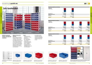 Komplettregal quickfit mk

frei Haus

Komplettregal quickfit mk mit mk-Kästen
Ausführung
Fachlast 135 kg

1

10 Fachböden
Grundfeld
77900046
1060
30 x mk 4 rot
30 x mk 4 blau
434,50

Höhe 2000 mm
Modell (Tiefe 325 mm)
Breite mm
Bestückung
Preis in €

10 Fachböden
Anbaufeld
77900047
1005
30 x mk 4 rot
30 x mk 4 blau
391,10

Komplettregal quickfit mit mk-Kästen
Ausführung
Fachlast 140 kg

7 Fachböden
Grundfeld
77900048
1060
16 x mk 3 rot
12 x mk 3 blau
444,60

Höhe 2000 mm
Modell (Tiefe 425 mm)
Breite mm
Bestückung
Preis in €
1

434,50 €

2

491,90 €

3

444,60 €

4

4

3

7 Fachböden
Anbaufeld
77900049
1005
16 x mk 3 rot
12 x mk 3 blau
399,80

9 Fachböden
Grundfeld
77900034
1060
20 x mk 3z rot
16 x mk 3z blau
470,70

9 Fachböden
Anbaufeld
77900033
1005
20 x mk 3z rot
16 x mk 3z blau
426,10

7 Fachböden
Anbaufeld
77900051
1005
9 x mk 2 rot
12 x mk 2 blau
446,00

9 Fachböden
Grundfeld
77900052
1060
12 x mk 2z rot
15 x mk 2z blau
581,30

9 Fachböden
Anbaufeld
77900053
1005
12 x mk 2z rot
15 x mk 2z blau
535,40

426,10 €
Komplettregal quickfit mit mk-Kästen

Einfach zusammenstecken und jederzeit
erweitern.

Aufbau und Ausbau ohne
Werkzeug!
Robust verzinktes Steckregal,
komplett bestückt in einer von
5 Varianten. Geliefert werden
werkzeuglos zusammensteckbare Regalkomponenten mit den
dazu passenden Sichtlagerkästen. Das komfortable Stecksystem erlaubt den nachträglichen
Ausbau eines Regals zu ganzen
Regalzeilen durch einfaches
Aneinanderstecken von Grundund Aufbaufeldern.

Details
•	 Ausgerichtet auf die
Abmessungen von Sichtlagerkästen.
•	 Hohe Tragfähigkeit:
Max. 1400 kg Feldlast,
140 kg Fachlast.
•	 Regalaussteifung durch
Feld-Kreuzdiagonalen in
jedem 2. Regalfeld.
•	 Lieferung komplett mit
Sichtlagerkästen aus
Polyäthylen (farbig sortiert,
siehe Abbildungen).

•	 Die Fachhöhen können
nachträglich problemlos
auf anderen Kastengrößen
angepasst werden (höhenverstellbar im Raster von
25 mm).

Grundregal (mit Feld-Kreuzdiagonale)
und Anbauregal.

Kastentyp mk 4: Höhe 130 mm/
Breite 148 mm/Länge 240 mm.

Kastentyp mk 3z: Höhe 140 mm/
Breite 210 mm/Länge 350 mm.

Kastentyp mk 3: Höhe 200 mm/
Breite 210 mm/Länge 350 mm.

126

Betrieb und Werkstatt

Ausführung
Fachlast 140 kg

Höhe 2000 mm
Modell (Tiefe 525 mm)
Breite mm
Bestückung
Preis in €

Mauser – Der Bestellkatalog

Kastentyp mk 2z: Höhe 140 mm/
Breite 310 mm/Länge 500 mm.

Mauser – Der Bestellkatalog

2

7 Fachböden
Grundfeld
77900050
1060
9 x mk 2 rot
12 x mk 2 blau
491,90

Kastentyp mk 2: Höhe 200 mm/
Breite 310 mm/Länge 500 mm.

quickfit mk-Komplettregale lassen sich mit anderen Steckregalen der quickfit
Steckregal-Familie kombinieren oder im gleichen System beliebig ausbauen.
Weitere Ausführungen zum Selbstbestücken siehe Seite 162.

Betrieb und Werkstatt

127

Betrieb und Werkstatt Komplettregal quickfit mk

Sehr komfortabel.
Betrieb und Werkstatt Komplettregal quickfit mk

5
Jahre
Garantie

 