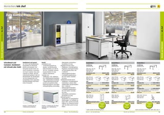 Meisterbüro tek chef

frei Verwendung

10*
Jahre
Garantie

Betrieb und Werkstatt Meisterbüro tec chef

Betrieb und Werkstatt Meisterbüro tek chef

Zum Kombi-Preis.

Schreibtisch und
Container. Kombiniert
mit Schrank oder Stuhl.

Kombinieren und sparen!
tec chef ist das kombinierbare
Komplettbüro für Werkstatt,
Betrieb und Handwerk. Das
Basispaket besteht immer aus
einem Schreibtisch, zusammen
mit einem Container. Dazu wird
entweder ein Wand- oder Beistellschrank kombiniert oder ein
Bürodrehstuhl. Die Kombination
von drei Komponenten zum
Komplettbüro bietet gegenüber
Einzelbestellungen einen deutlichen Preisvorteil.

Variante 1: Container line mit
3 Multifunktionsschubladen.

Details
Schreibtisch arcos
•	 4-Fuß-Rahmengestell aus
Quadrat- und Rechteckrohr,
höheneinrichtbar von 680 bis
760 mm, Tischplatte melaminharzbeschichtet (25 mm).
•	 Inklusive Kabelwanne.
Container line
•	 Stahlkorpus, 9 HE, wahlweise
mit 3 Multifunktionsschubladen
oder 1 Multifunktionsschublade,
1 Hängeregistraturauszug plus
jeweils Auszugsfächerschale.
Doppelauszugsperre und Selbsteinzug/Dämpfung serienmäßig.

Variante 2: Container line mit Hängeregistratur und 1 Multifunktionsschublade.

•	 Abdeckplatte melaminharzbeschichtet (19 mm).
Flügeltürenschrank entero
•	 Stahlkorpus, verwindungsfeste
Flügeltüren, Dreiriegelverschluss
mit Drehzylinderschloss inkl.
2 Schlüssel.
•	 Höhenausgleichschrauben.
•	 4 Fachböden graphitschwarz
RAL 9011 lackiert, belastbar
bis 60 kg.
Schiebetürenschrank mover
•	 Stahlkorpus, verwindungsfeste
Schiebetüren, sicheres Drehzylinderschloss mit Wechselkern
inkl. 2 Schlüssel.
•	 Höhenausgleichschrauben.
•	 2 Fachböden graphitschwarz
RAL 9011 lackiert, belastbar
bis 50 kg.
•	 Abdeckplatte melaminharzbeschichtet (25 mm).
Drehstuhl genius II
•	 Rückenlehne mit Spiegelpolster
(Stoff-Gruppe 1 a), Armlehne fix
hinten offen, Synchronmechanik,
Fußkreuz aus schwarzem Kunststoff, hier Rolle weich für harte
Böden.

Komplettbüro 1

Komplettbüro 2

Komplettbüro 3

Ausführung
bestehend aus

Ausführung
bestehend aus

Ausführung
bestehend aus

Höhe 680 – 760 mm
Breite 1800 mm
Tiefe 800 mm

Höhe 680 – 760 mm
Breite 1800 mm
Tiefe 800 mm

Höhe 680 – 760 mm
Breite 1800 mm
Tiefe 800 mm

Schreibtisch arcos
Preis in €
Höhe 579 mm
Breite 417 mm
Tiefe 800 mm

AE281-K_K318
484,00
1

2

Schreibtisch arcos
Preis in €
Höhe 579 mm
Breite 417 mm
Tiefe 800 mm

1

AE281-K_K318
484,00
2

Betrieb und Werkstatt

Mauser – Der Bestellkatalog

Höhe 579 mm
Breite 417 mm
Tiefe 800 mm

AE281-K_K318
484,00
1

2

und
1 LCZ98-333ED-K
Container line
3 Multifunktionsschubladen + Auszugsfächerschale
Preis in €
548,00
oder
2 LCZ98-3E6TD-K
Container line
1 Multifunktionsschublade + 1 Hängeregistraturauszug + Auszugsfächerschale
Preis in €
522,00

und
1 LCZ98-333ED-K
Container line
3 Multifunktionsschubladen + Auszugsfächerschale
Preis in €
548,00
oder
2 LCZ98-3E6TD-K
Container line
1 Multifunktionsschublade + 1 Hängeregistraturauszug + Auszugsfächerschale
Preis in €
522,00

und
1 LCZ98-333ED-K
Container line
3 Multifunktionsschubladen + Auszugsfächerschale
Preis in €
548,00
oder
2 LCZ98-3E6TD-K
Container line
1 Multifunktionsschublade + 1 Hängeregistraturauszug + Auszugsfächerschale
Preis in €
522,00

Höhe 1965 mm
Breite 950 mm
Tiefe 420 mm

Höhe 1240 mm
Breite 1200 mm
Tiefe 420 mm

Höhe 1030 – 1140 mm
Breite 610 mm
Tiefe 600 mm

und
Flügeltürenschrank entero
BF4_STG
Preis in €
Komplett 418,00
preis
1299,00 €

und
Schiebetürenschrank mover
BSG3-4-12-K
Preis in €
534,00
Komplett
preis
1399,00 €

und
Drehstuhl genius II
452-3_RW_GR1a
Komplett
Preis in €
530,20
preis
1399,00 €

* 5 Jahre Garantie für Drehstuhl genius II.

134

Schreibtisch arcos
Preis in €

Mauser – Der Bestellkatalog

Farben und Dekore ab Seite 198. Stoffe siehe Seite 71.

Betrieb und Werkstatt

135

 